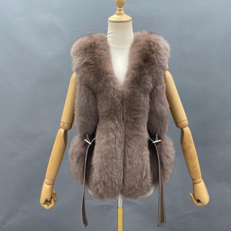 Ladies Fox Fur Vest Leather Buckle Tab - Janefur