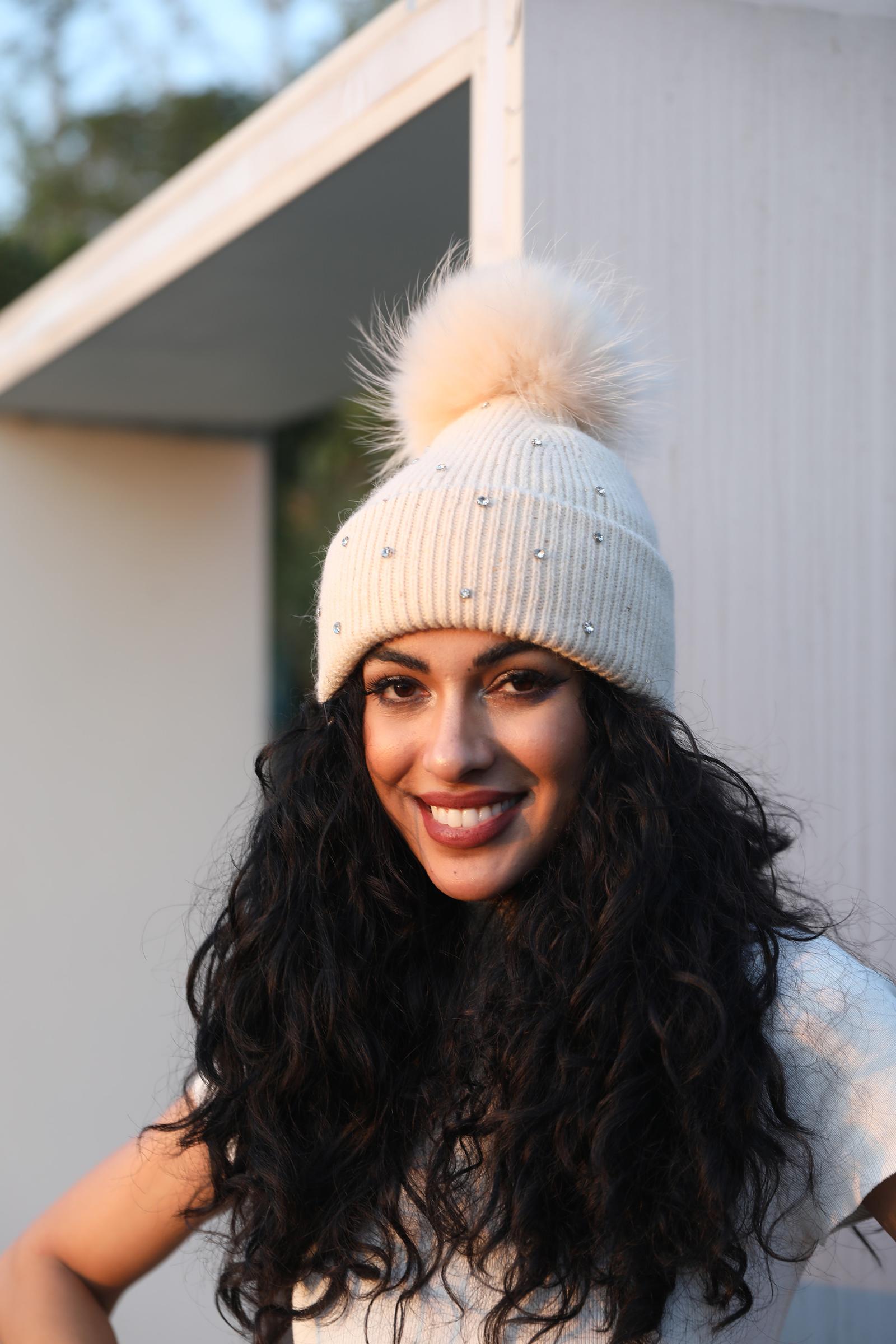 Women's Warm and Casual Rabbit Fur Hat with Sparkling Fur Pompoms - Janefur