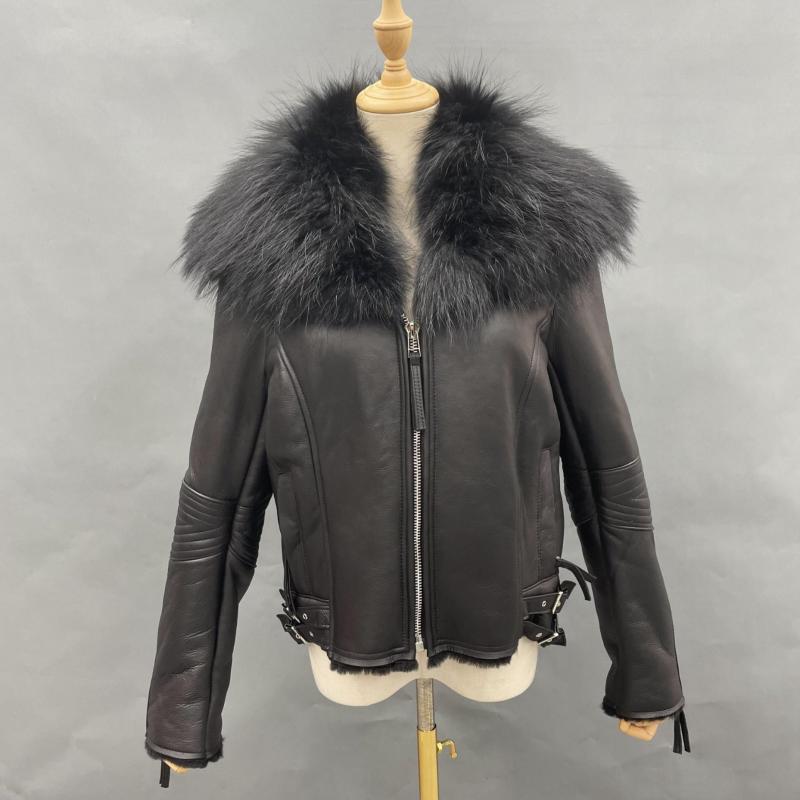 Large Raccoon Fur Collar Leather and Fur Combination - Janefur