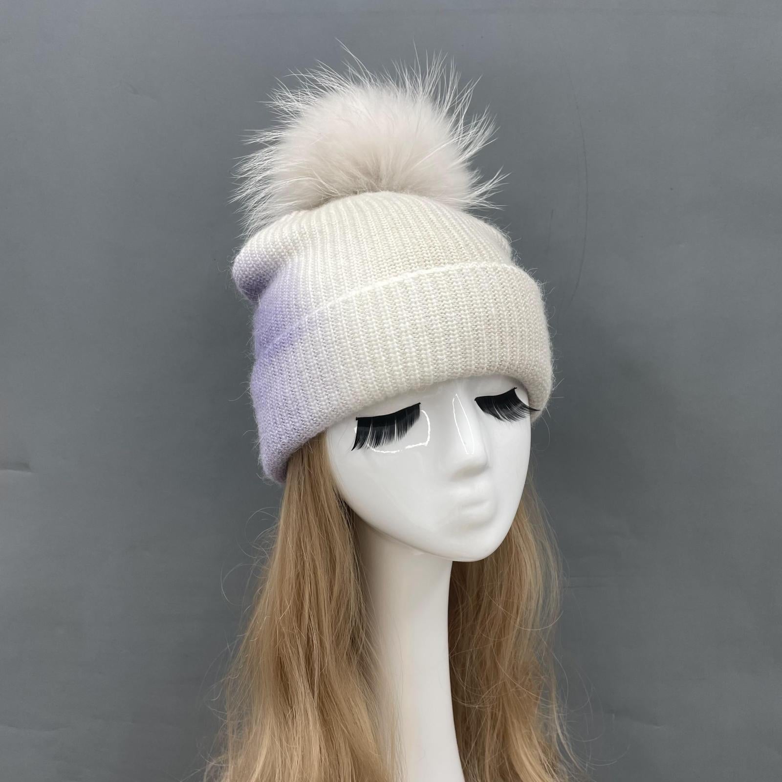 Ladies Gradient Angora Knitted Hat Fur Pom Pom - Janefur