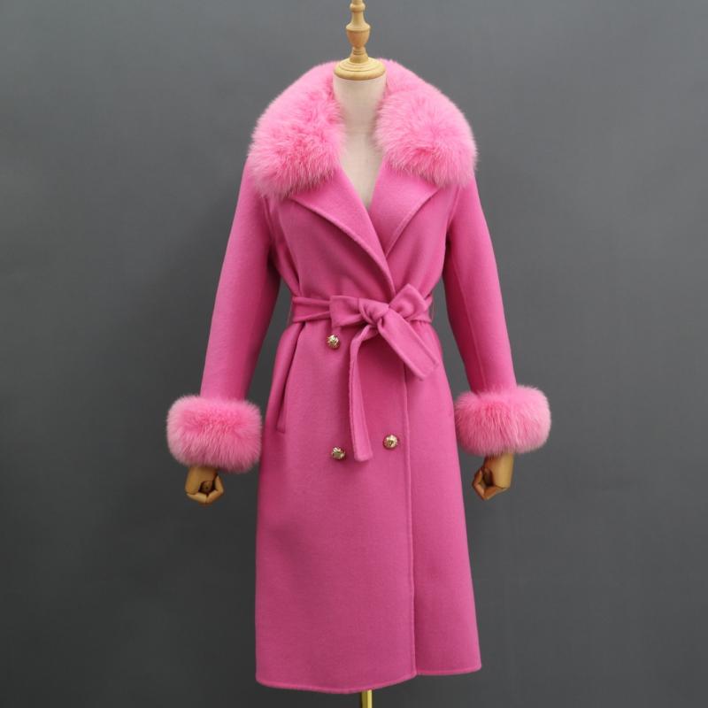 Women's Long Cashmere Coat With Fox Fur Collar And Belt - Janefur