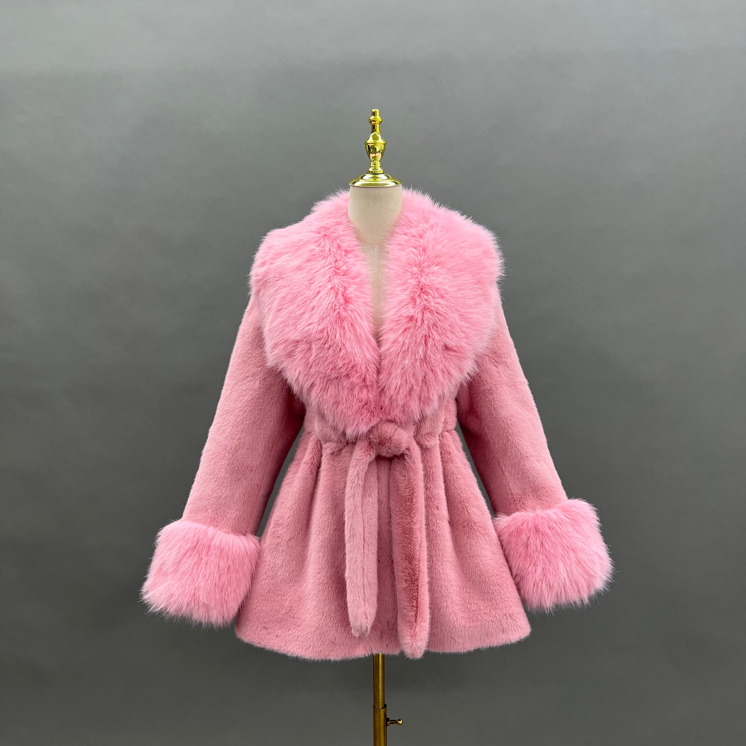 Janefur Womens Short Large Fur Collar Tie-Up Faux Mink Elegant Faux Fur Jacket - Janefur