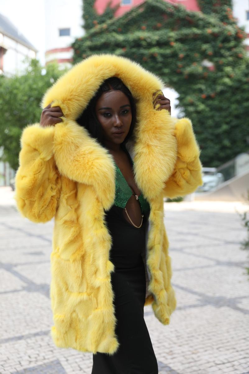 Women's Long Yellow Hooded Fox Fur Coat - Janefur