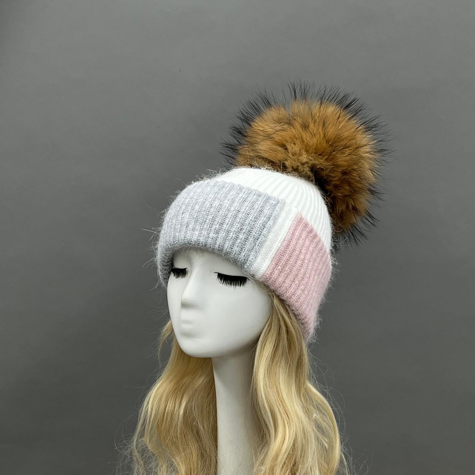 Women's Color-Blocked Trendy Rabbit Fur Hat with Pom Poms for Warmth - Janefur