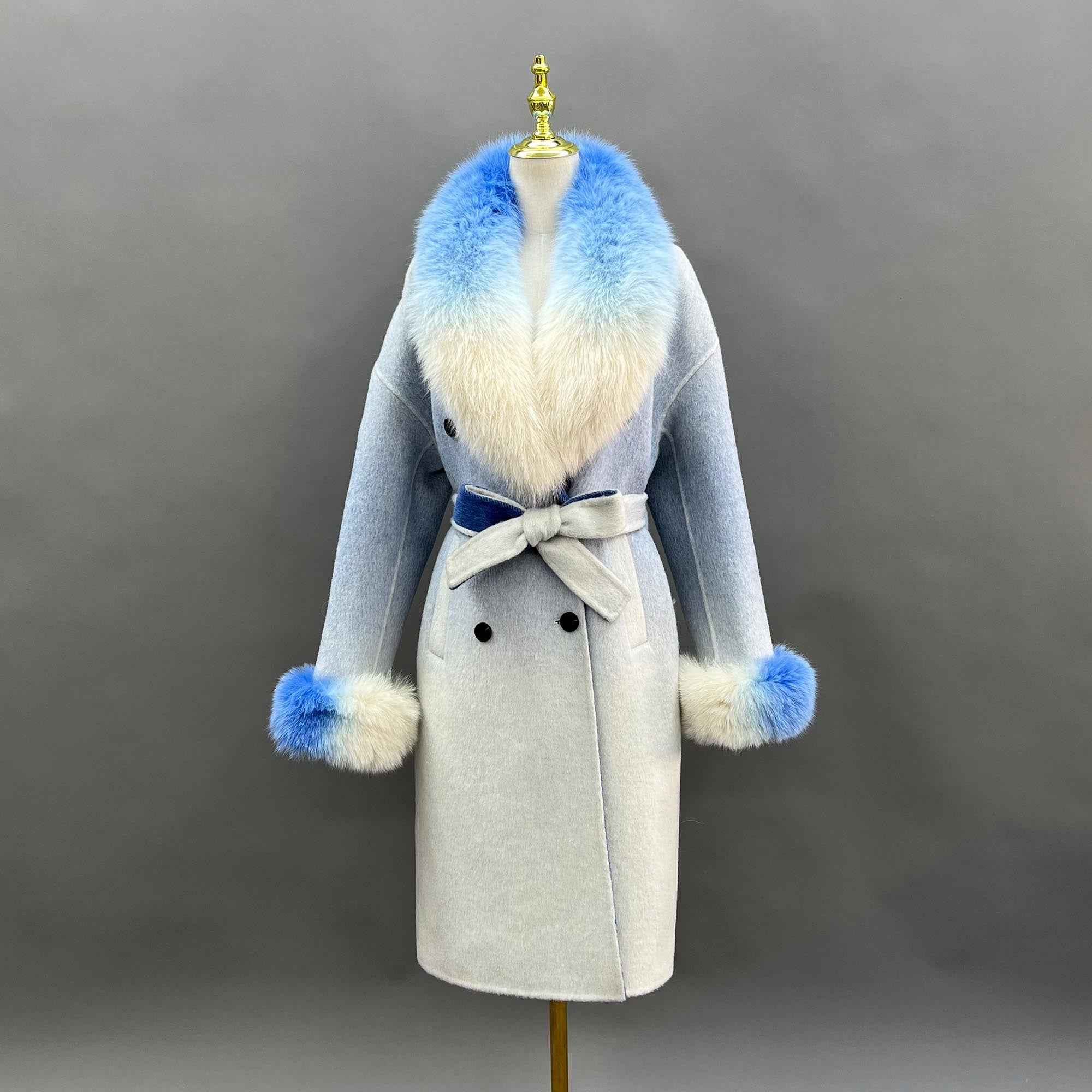 Janefur Trendy Gradient Color Real Fox Fur Collar Long Cashmere Coat for Women - Janefur