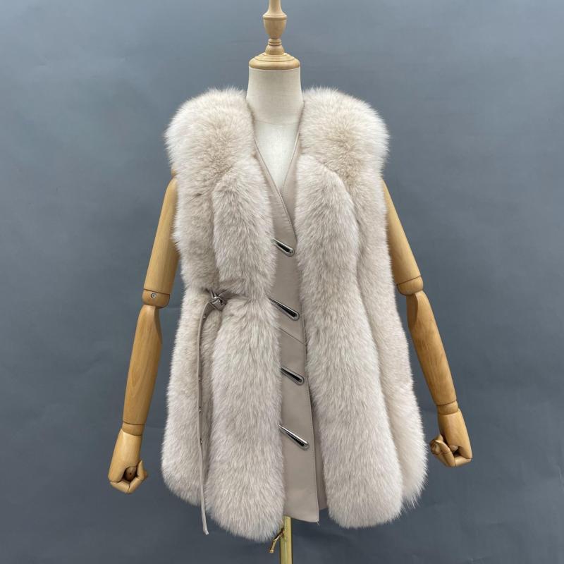 Vertical Stripe Buckle Decorated Draped Fox Fur Vest (Long) - Janefur