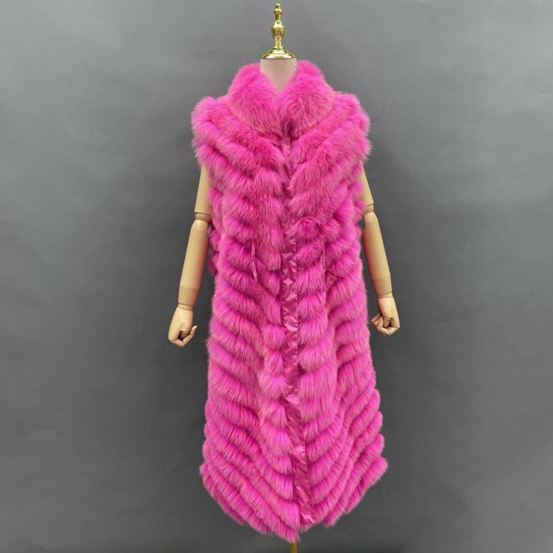 Double-Sided Fox Fur Diagonal Stripe Long Vest - Janefur