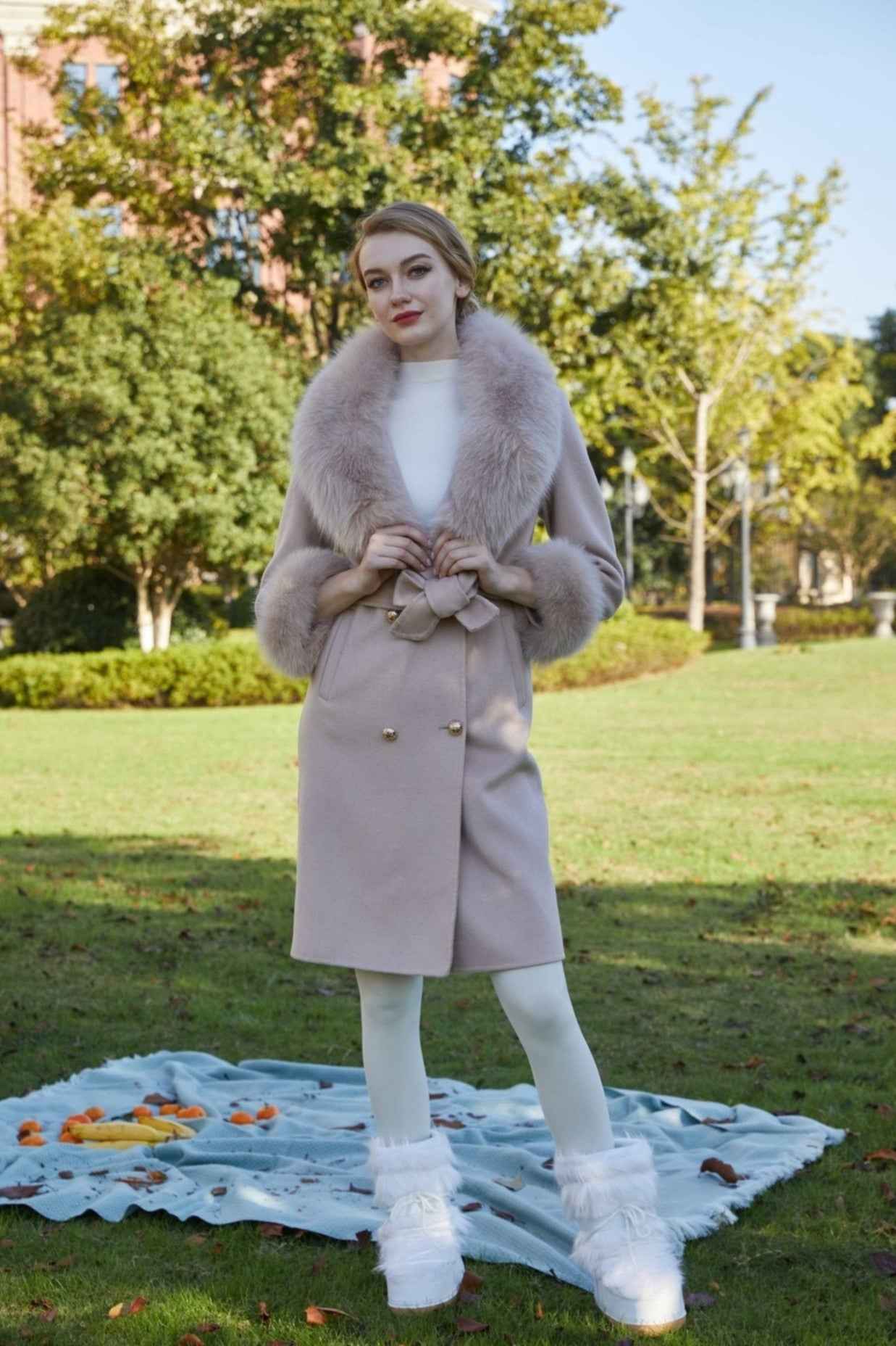 Women's Large Fox Fur Lapel Warm Cashmere Jacket - Janefur