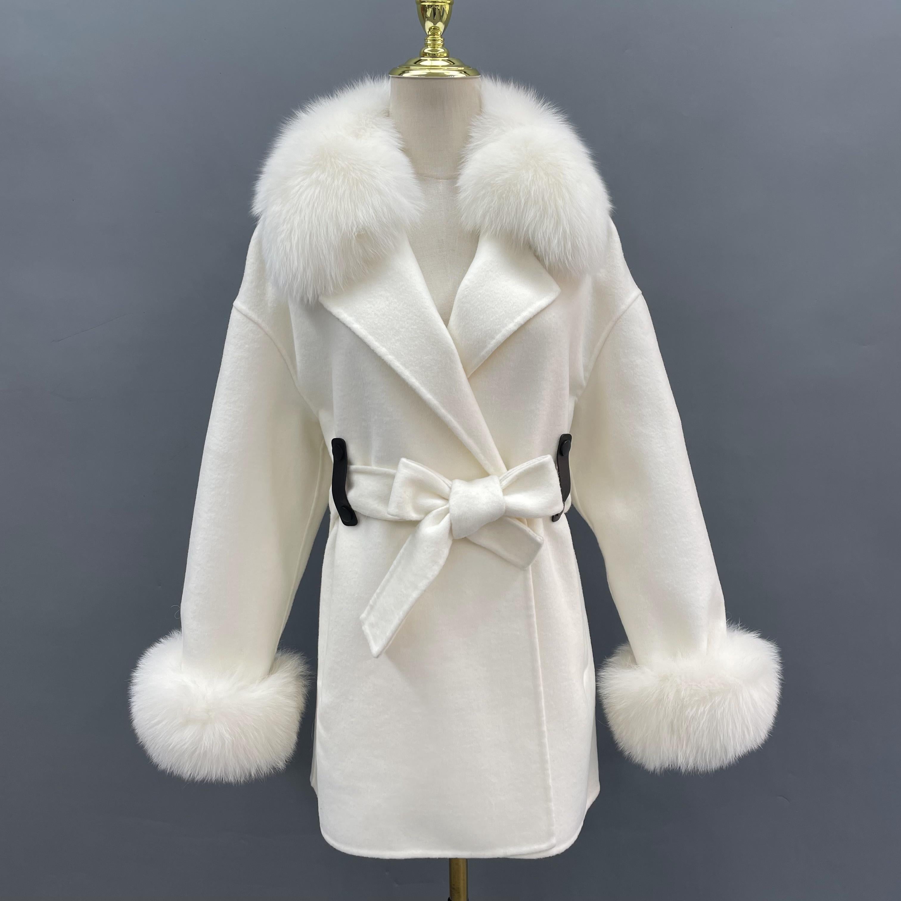Trendy New Style Fox Fur Collar Short Cashmere Coat For Women - Janefur