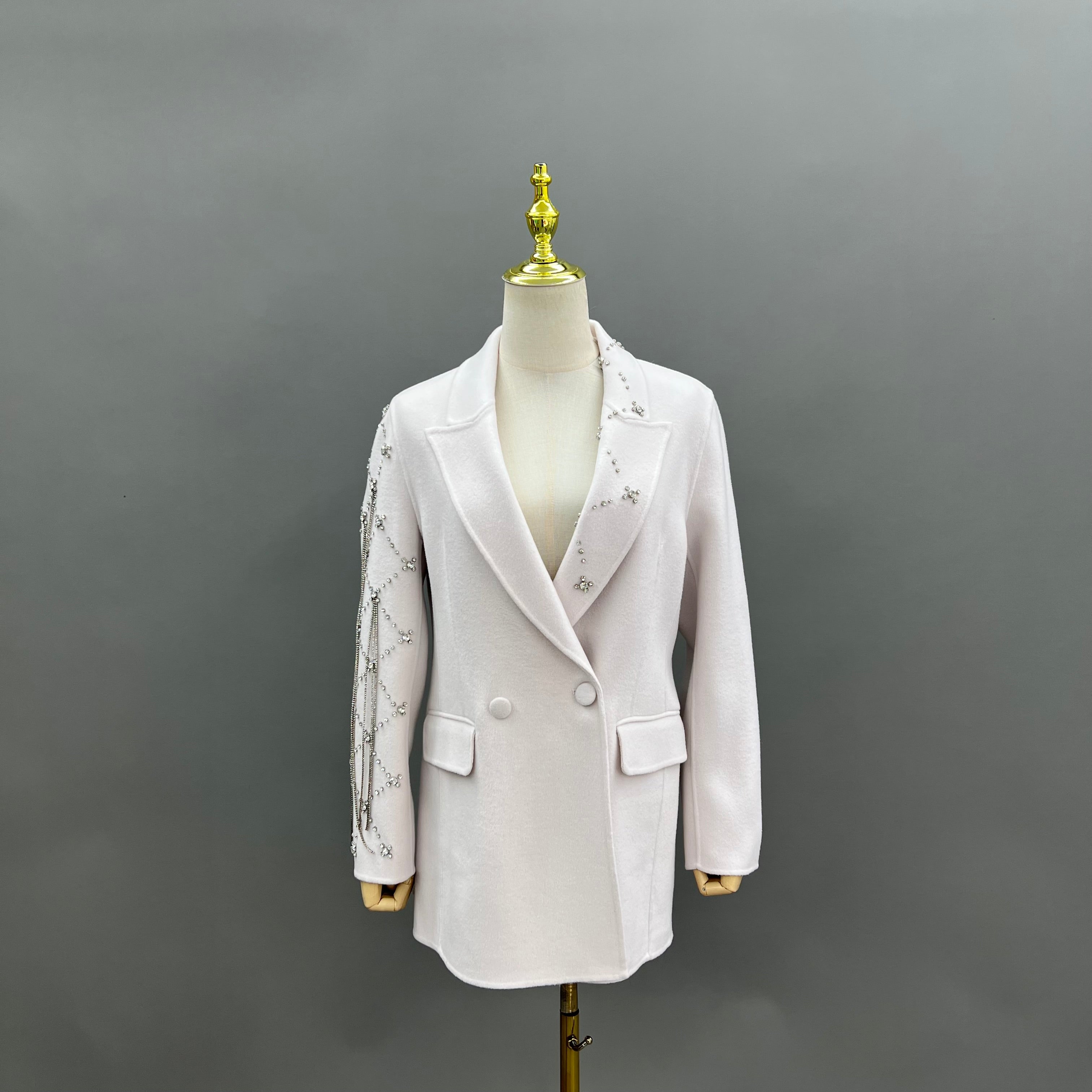 Elegant Pink Double-faced Wool Coat with Single-side Sleeve and Collar Diamond Embellishments - Janefur