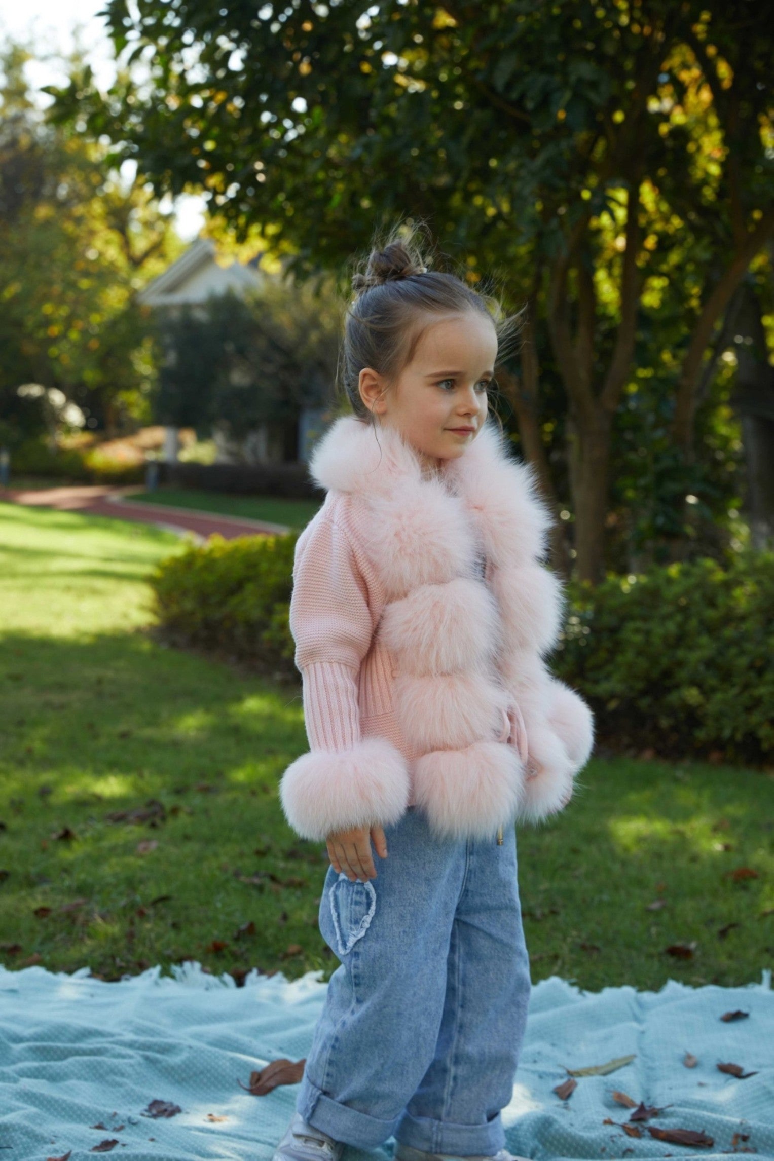 Little Girl's Pink Knitted Children's Coat With Fox Fur Trim - Janefur
