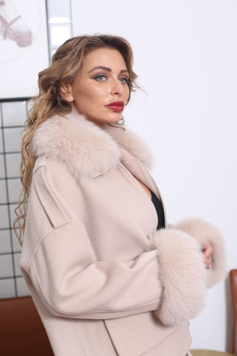 Big Pocket Lapel Fox Fur Cashmere Zipped Jacket - Janefur