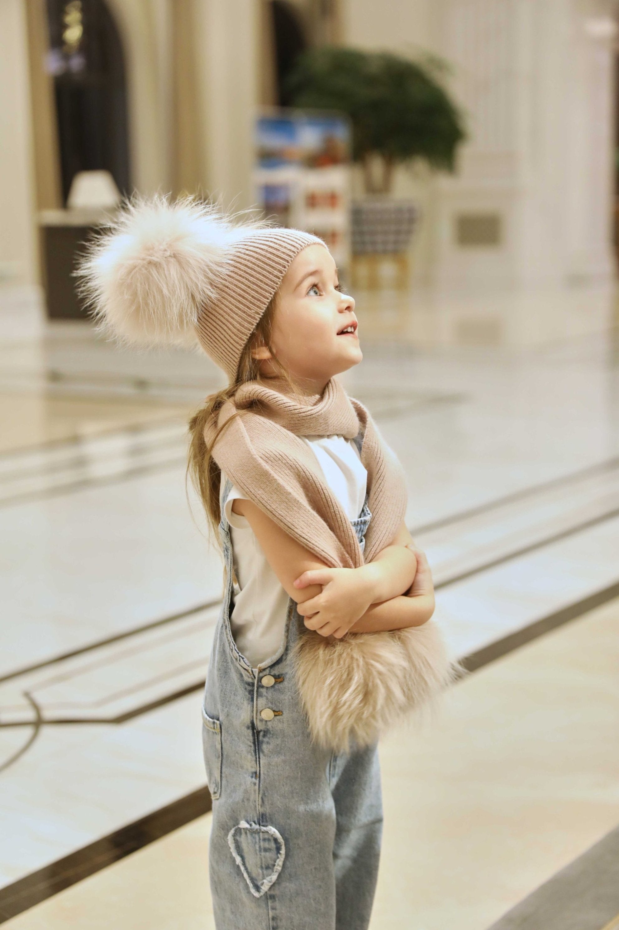 Children's Knitted Angora Double Fur Pom Pom Scarf - Janefur