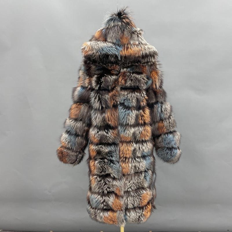 Long Blue Fox Hooded Fox Fur Coat - Janefur