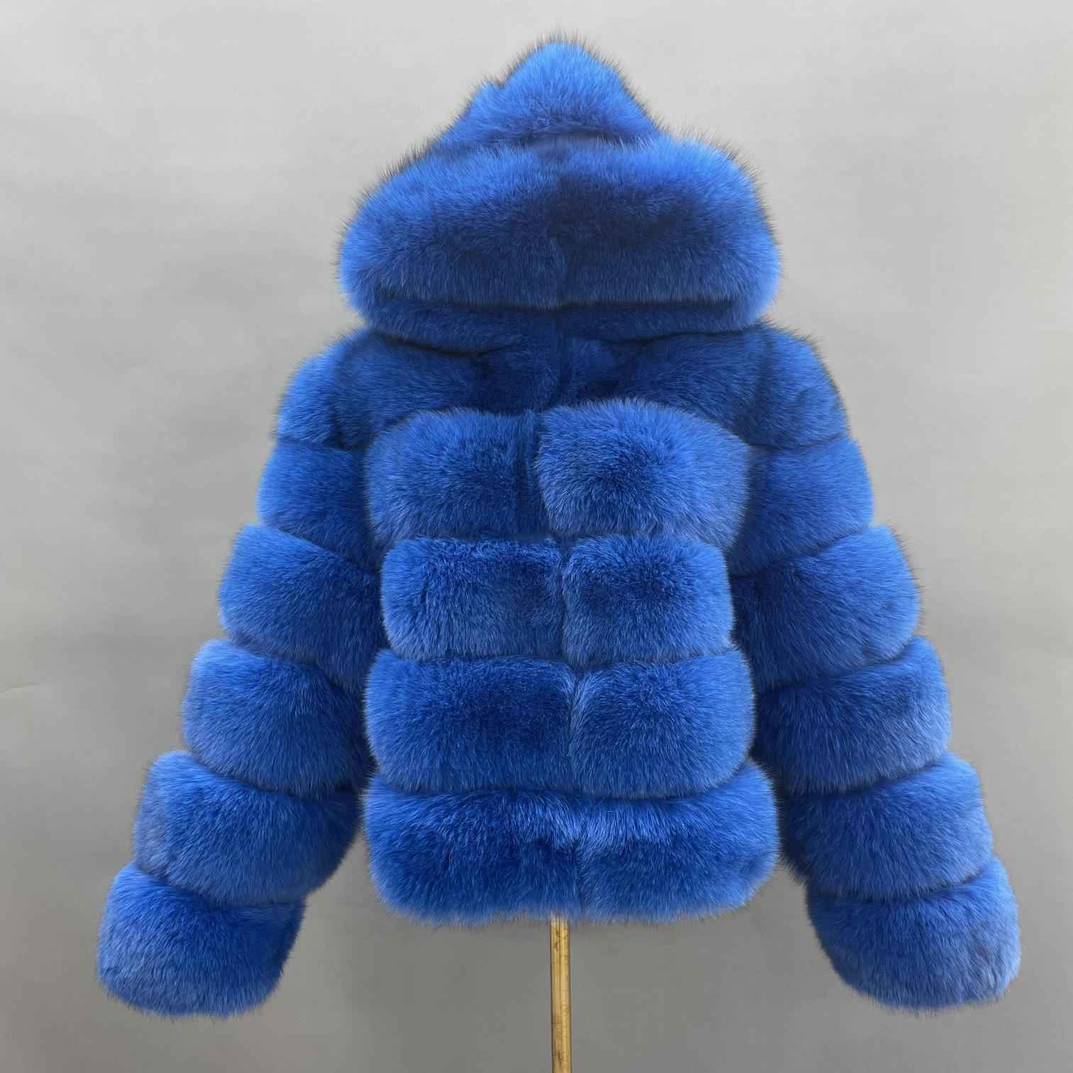 Women's Short Winter Trend Real Fox Fur Coat Solid Color Hooded - Janefur