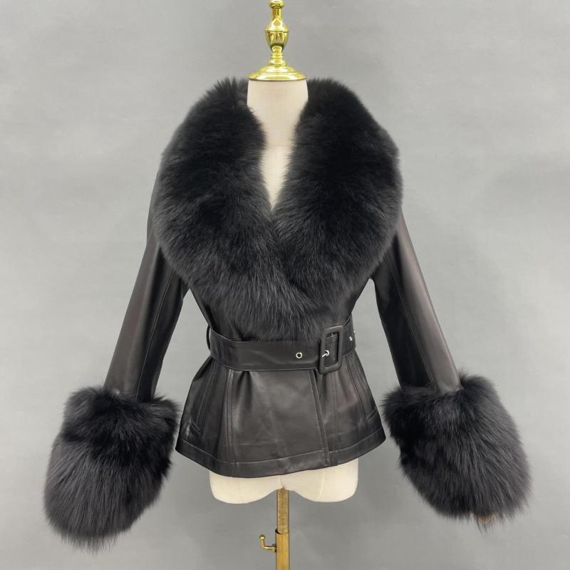 Fox Fur Collar Real Leather Women's New Fashion Jacket - Janefur