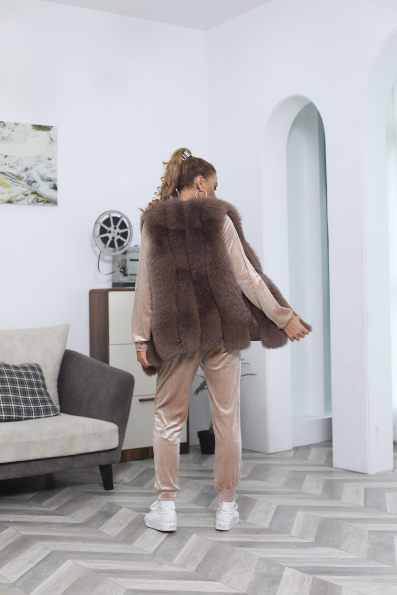 Vertical Stripe Buckle Decorated Draped Fox Fur Vest (Long) - Janefur