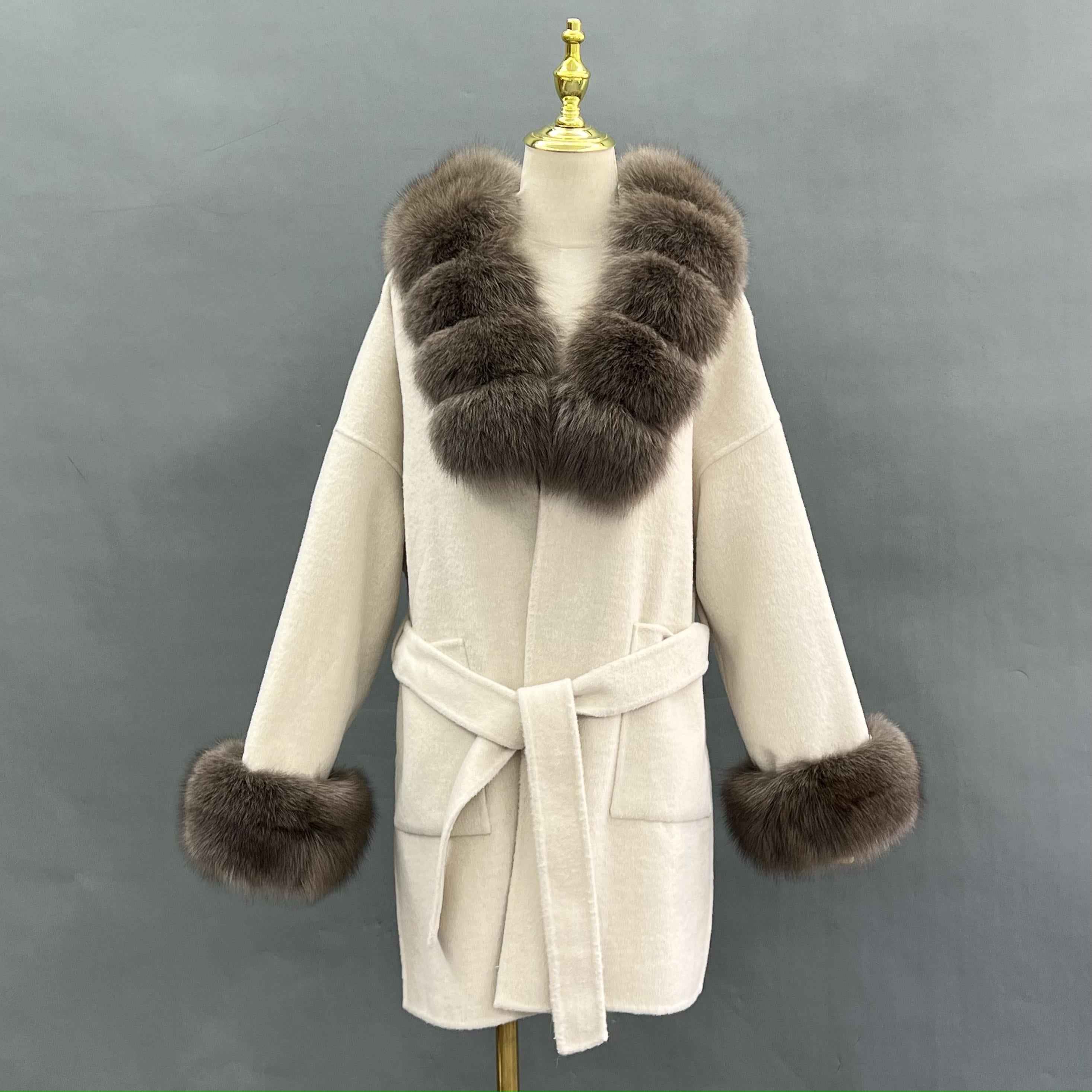 Women's Segmented Fur Collar Hooded Double Sided Cashmere Cuffs with Fur Collar Coat - Janefur