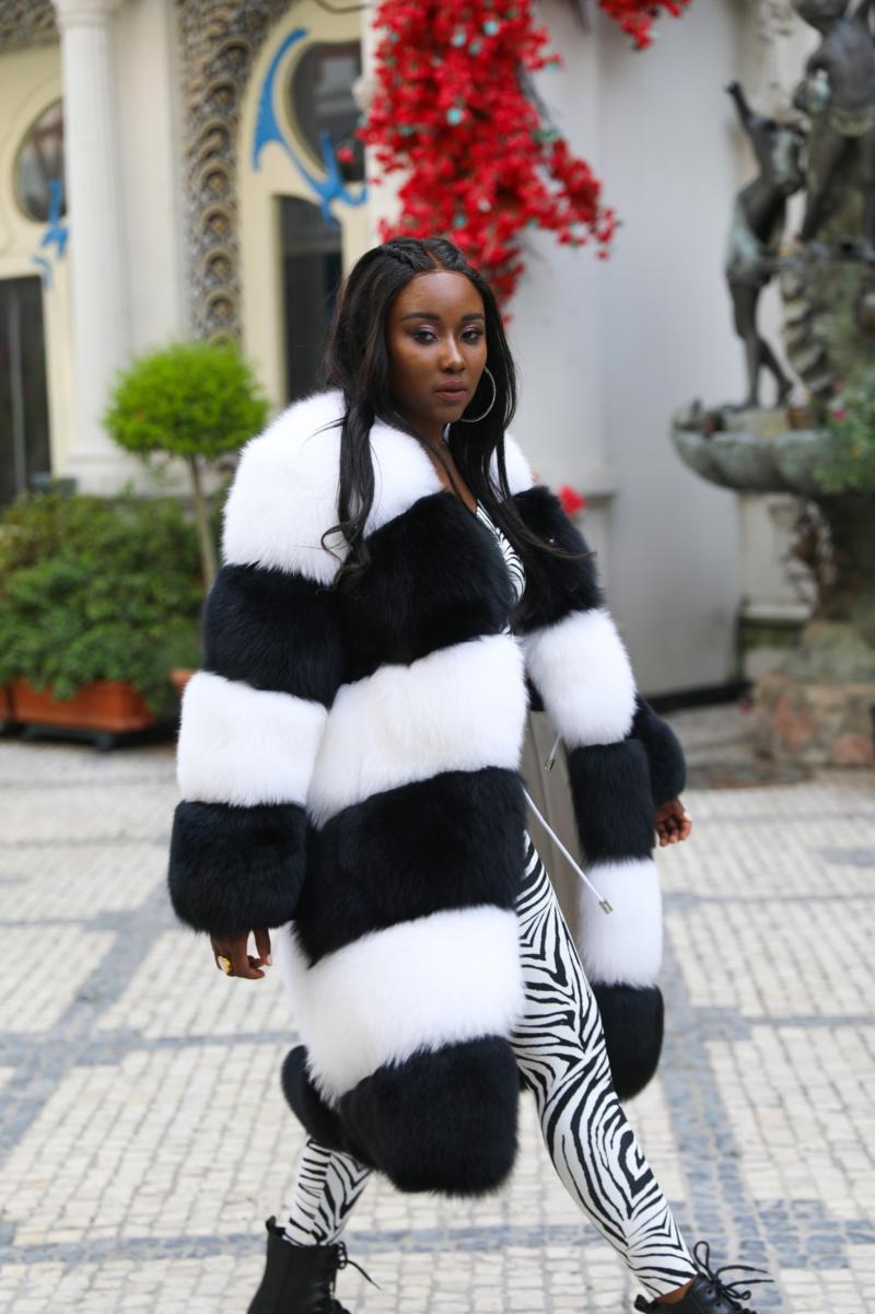 Black and White Stripe Fox Coat - Janefur