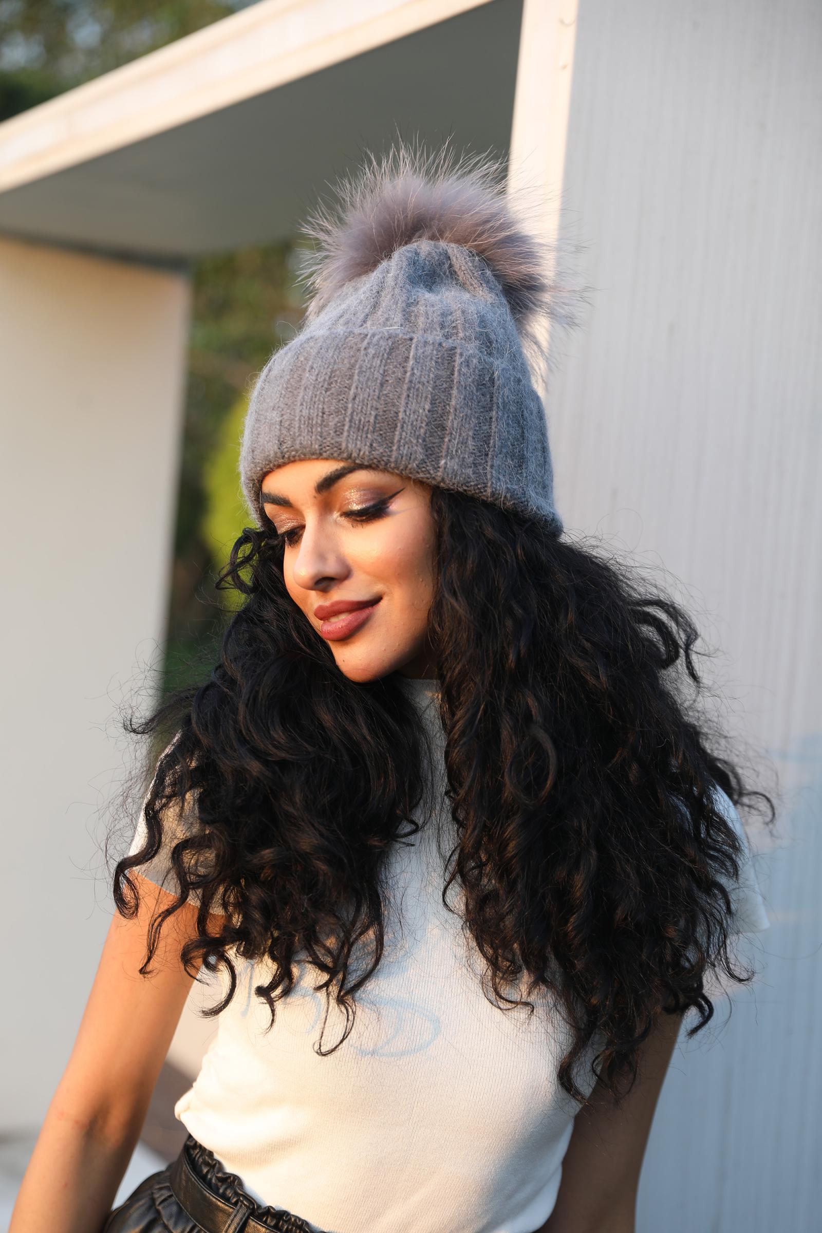 Thick Striped Rabbit Fur Pom Pom Winter Hat - Janefur