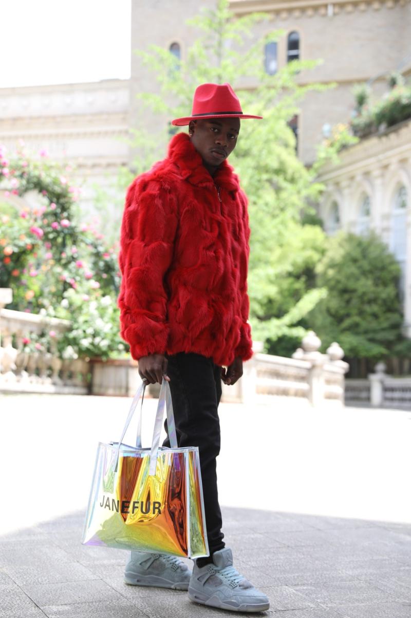 Red Coat Zipper Lapel Windproof Men's Fashion Fox Fur Jacket - Janefur