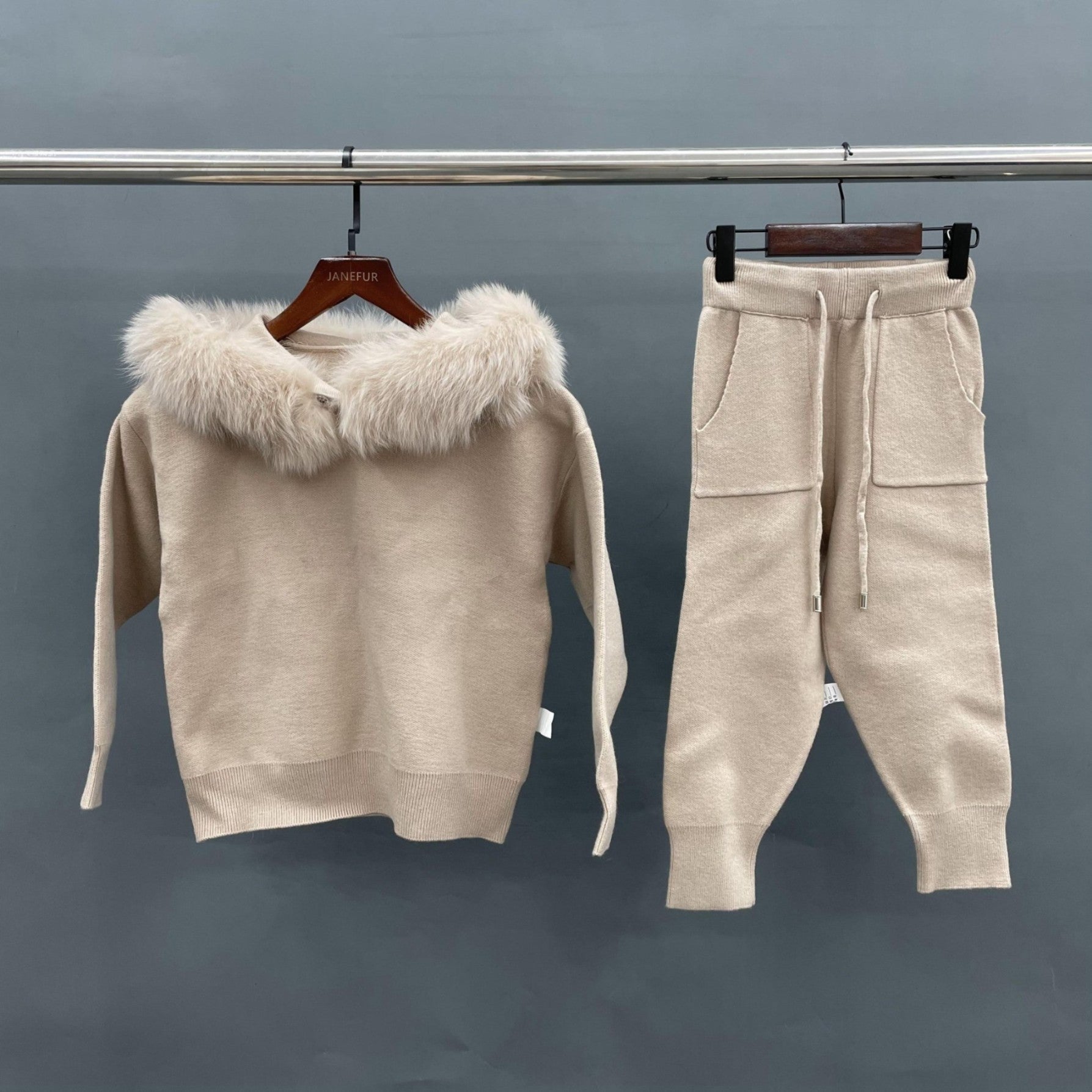 Children's Suit Fall and Winter Fur Collar Hooded Knit Sweatshirt Set - Janefur