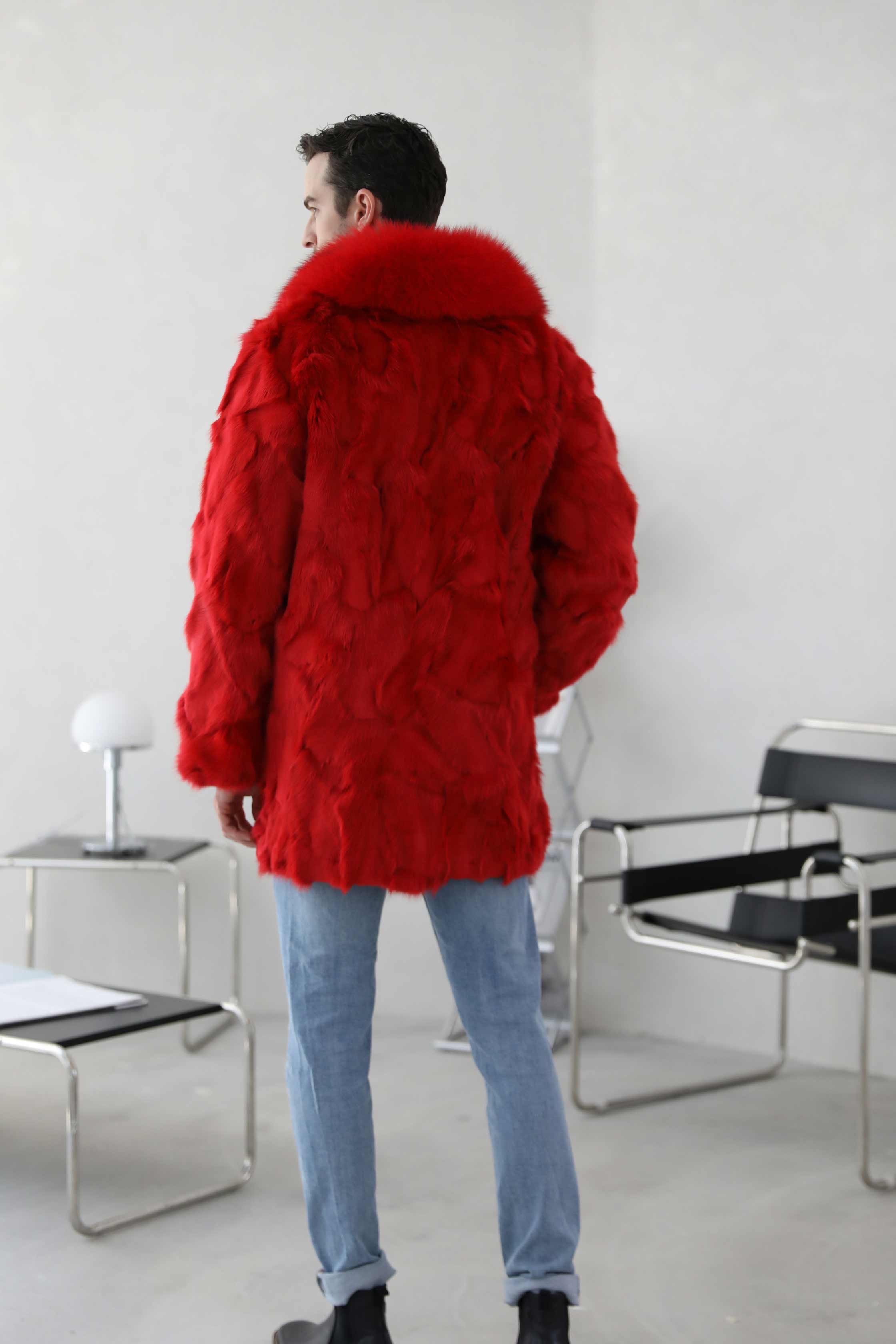 Winter Fashion Men's Long Fox Fur Collar Red Coat - Janefur