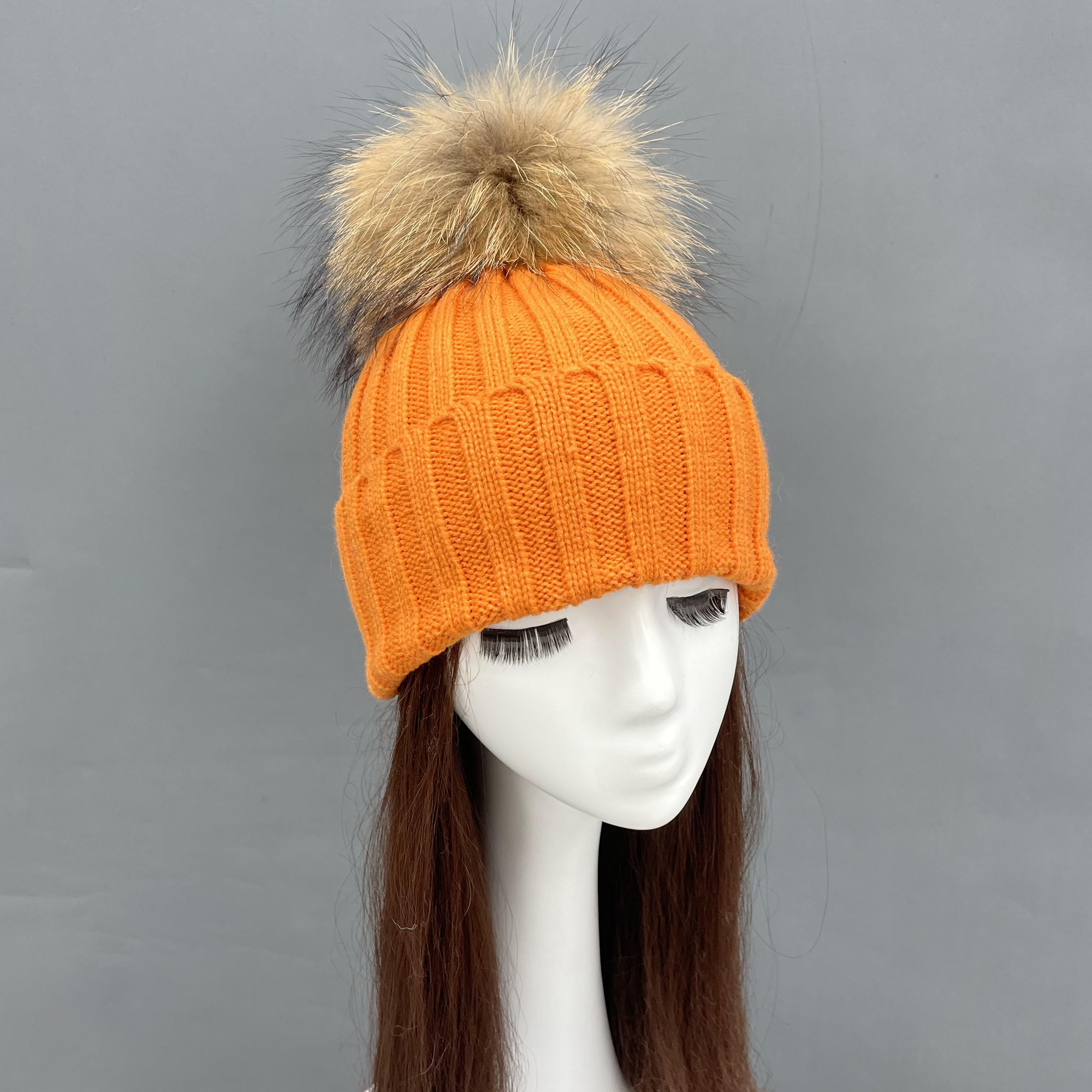 New Fall And Winter Striped With Fur Pom Pom Acrylic Hat - Janefur