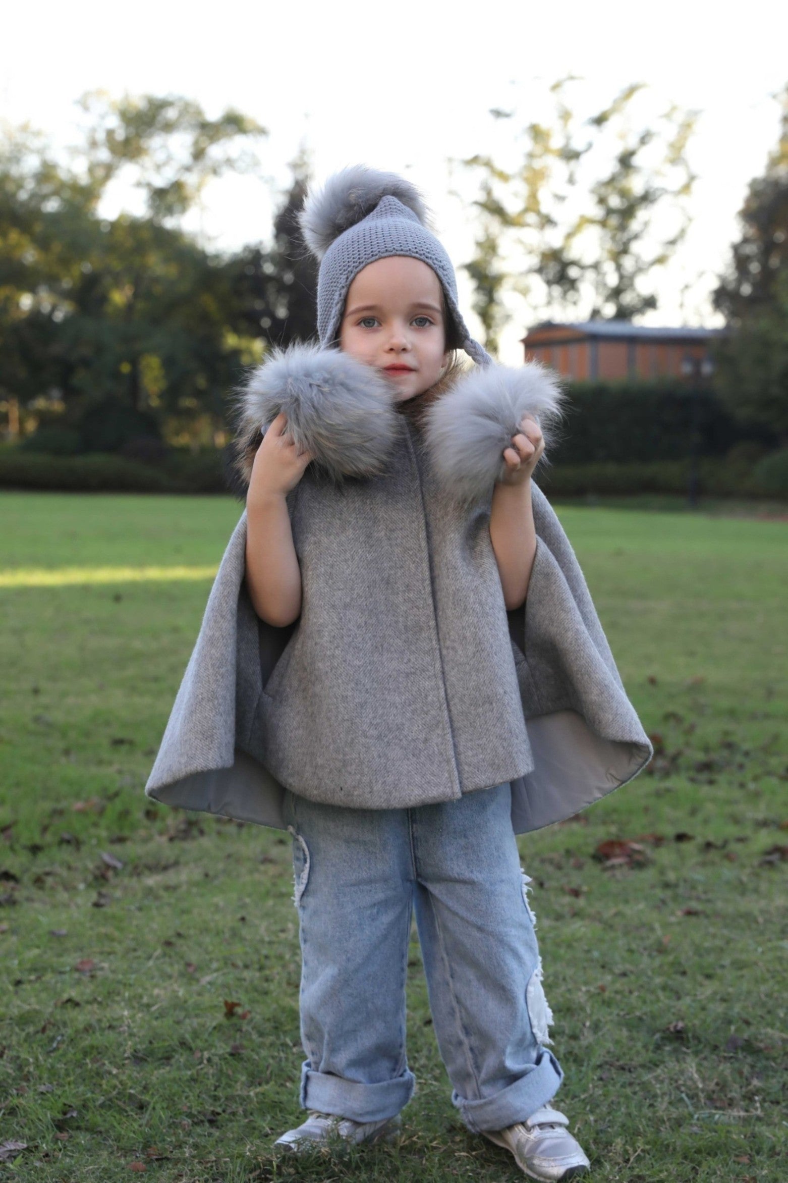 Children's Fashion Knitted Big Braid Raccoon Fur Pom Pom Hat - Janefur