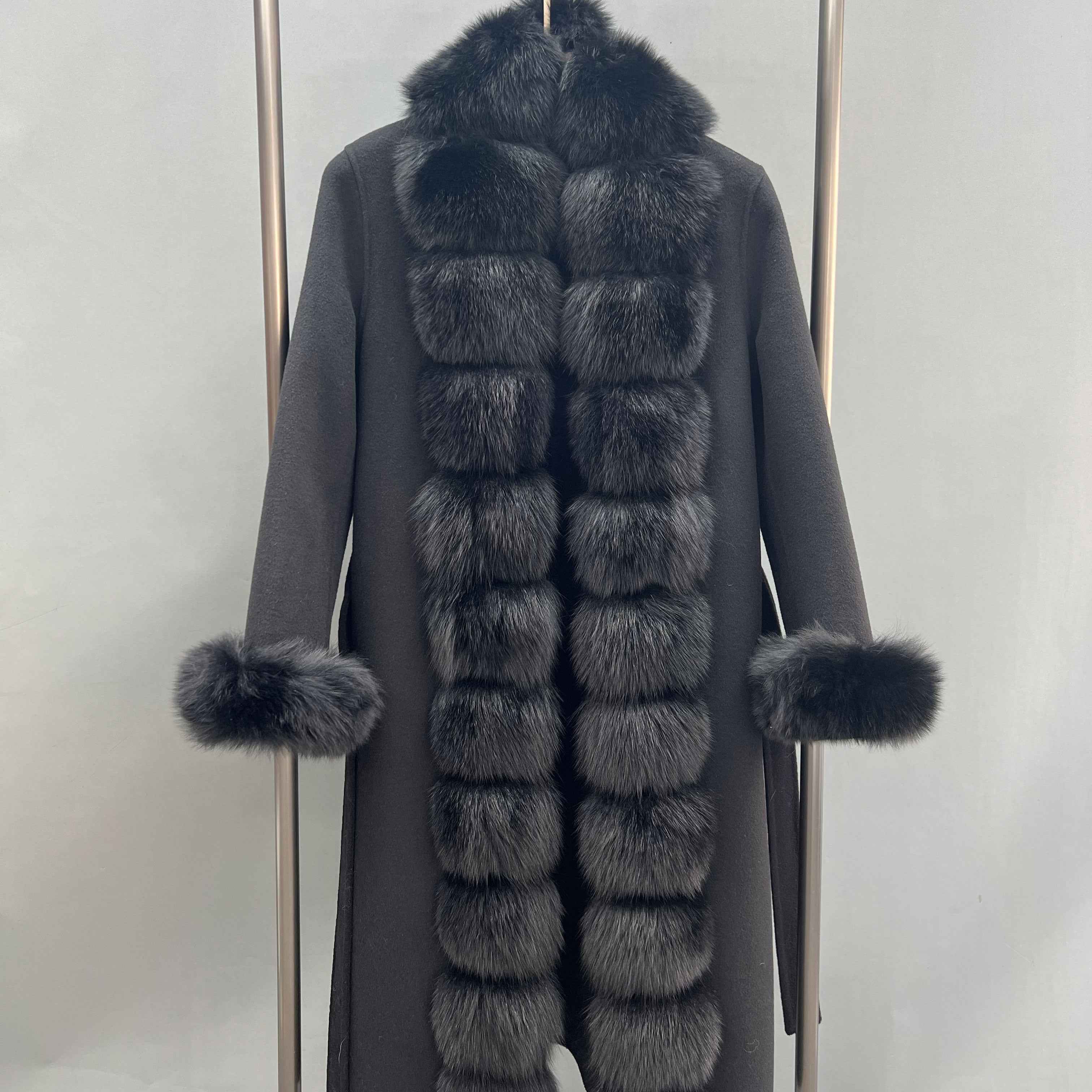 Segmented Fox Fur Front Wool Coat with Fur Cuffs - Janefur