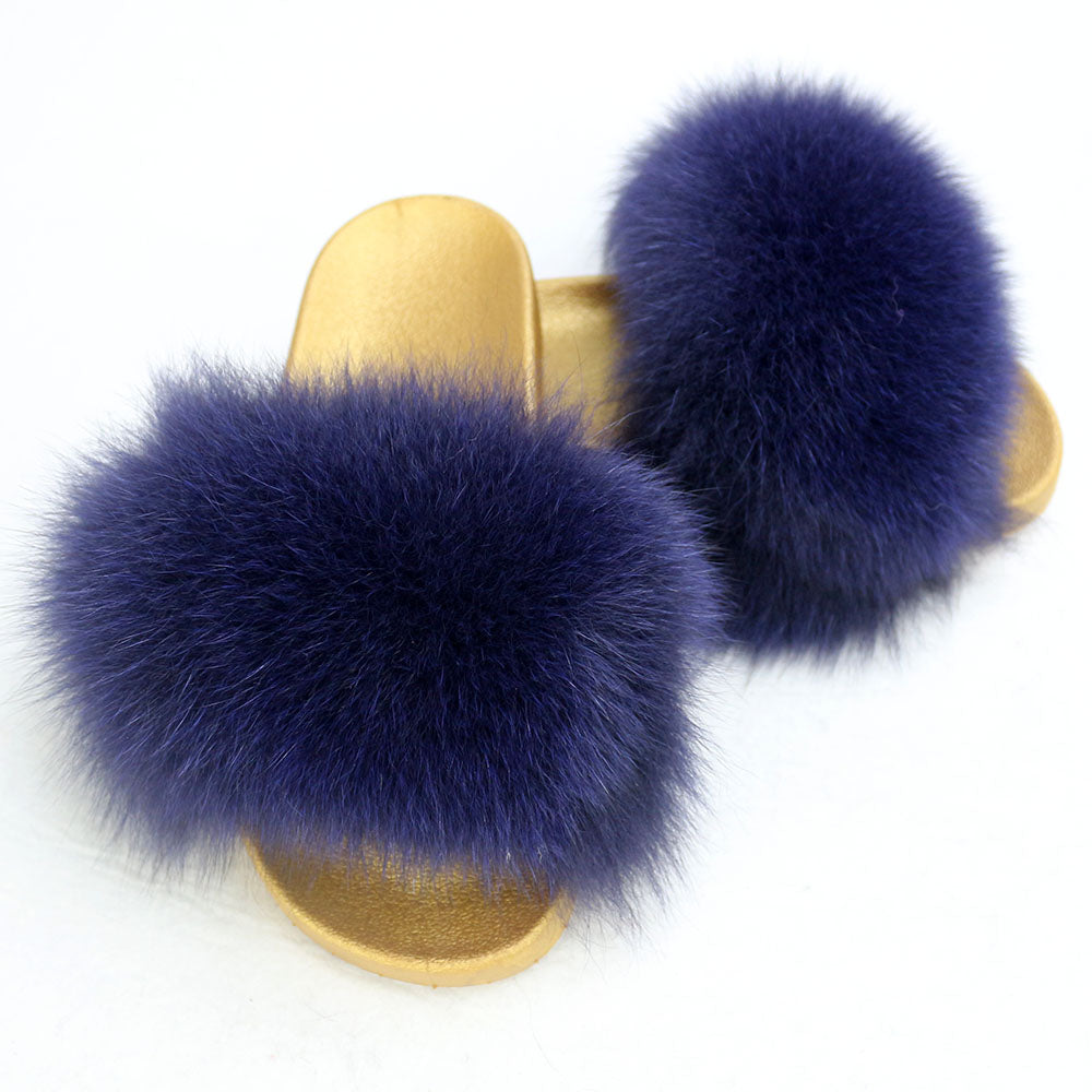 Janefur Wholesale Women's Fashion Slippers With Real Fox Fur Trim (Black, Gold, Silver Soles)