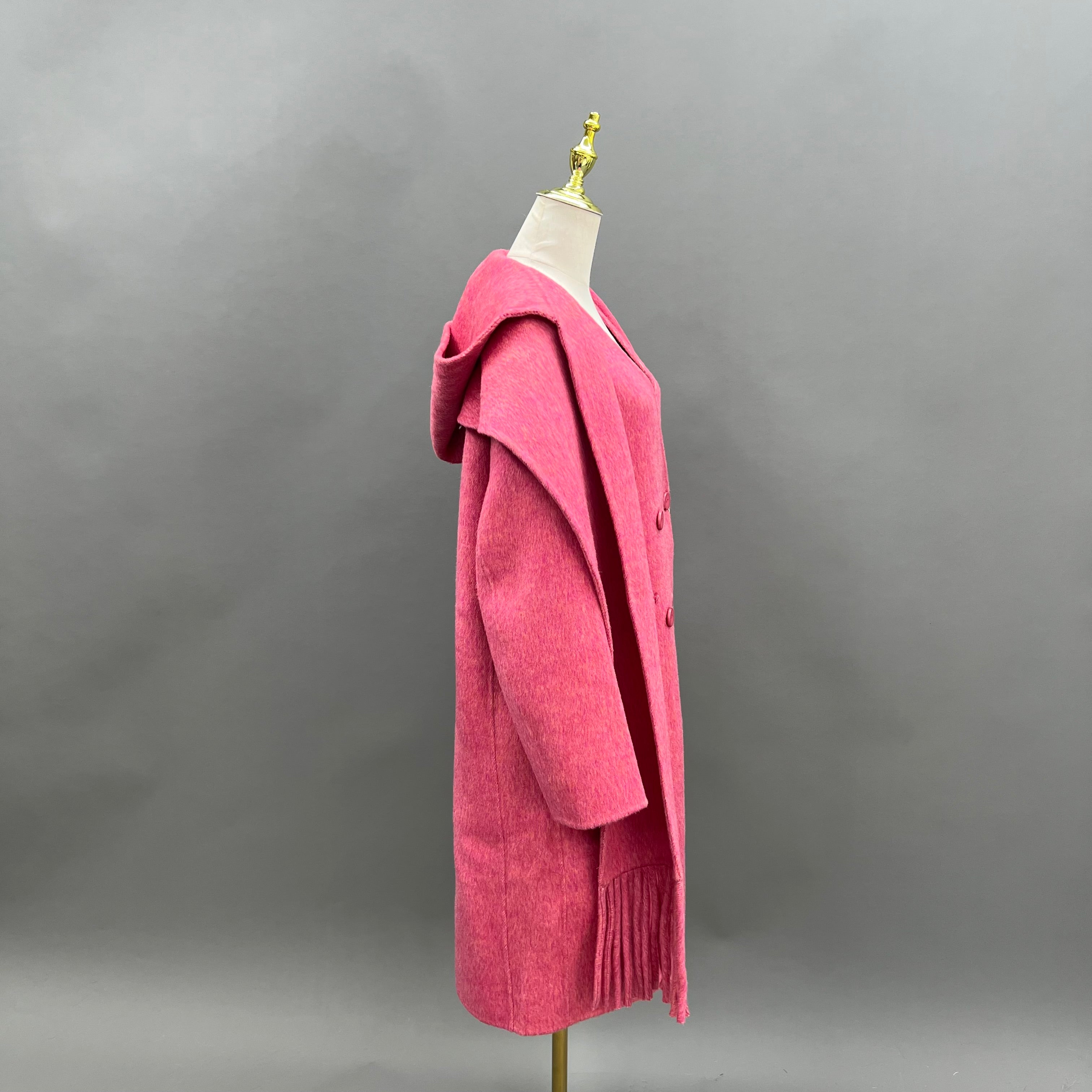 Women’s Pink Double-Faced Wool Coat with Hood and Scarf Collar – Long Winter Jacket with Fringe Detail for Fashion Statement