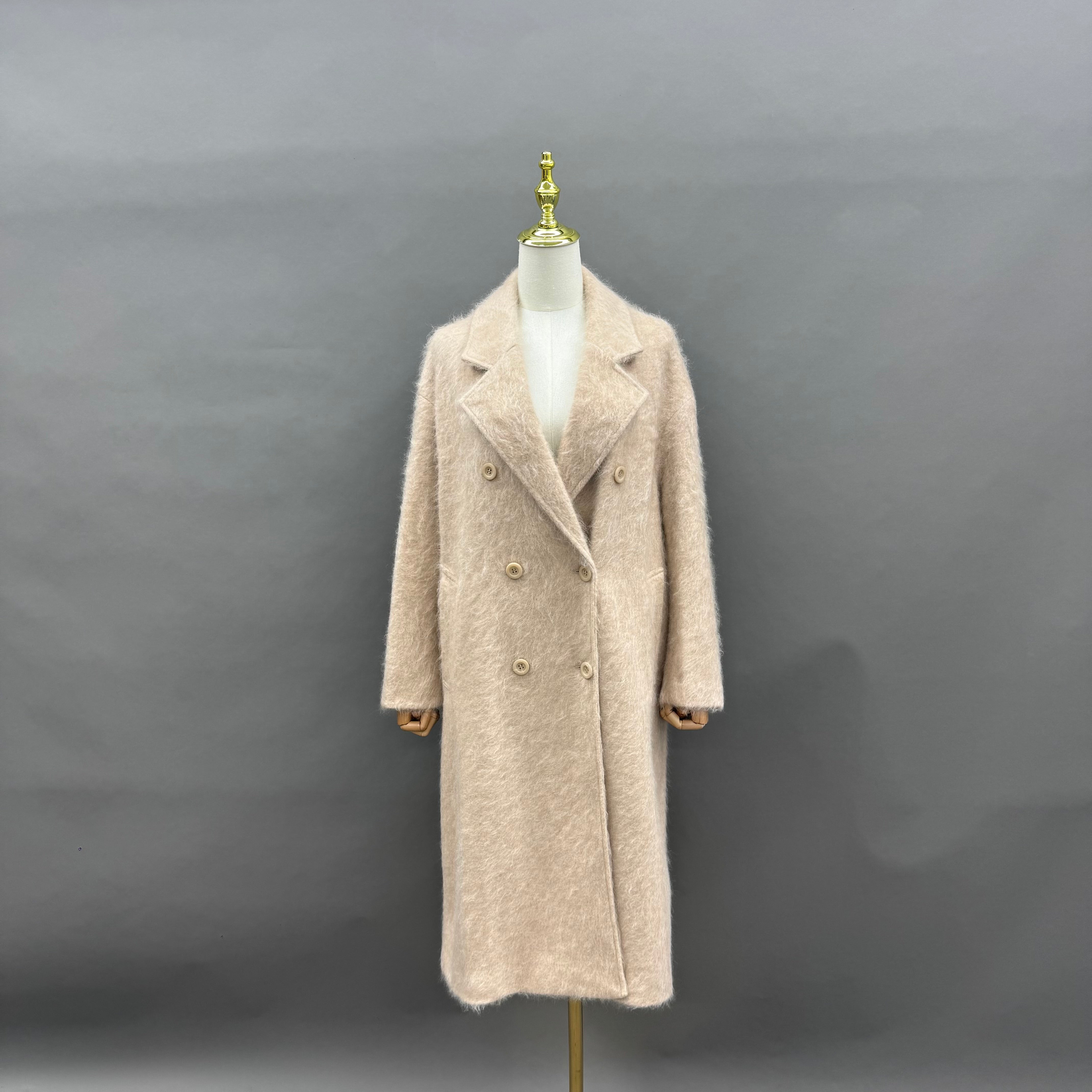 Women’s Gray Wool and Cashmere Blend Double-Breasted Long Coat – Classic Notched Lapel Winter Outerwear for Elegant Fashion 6#Beige