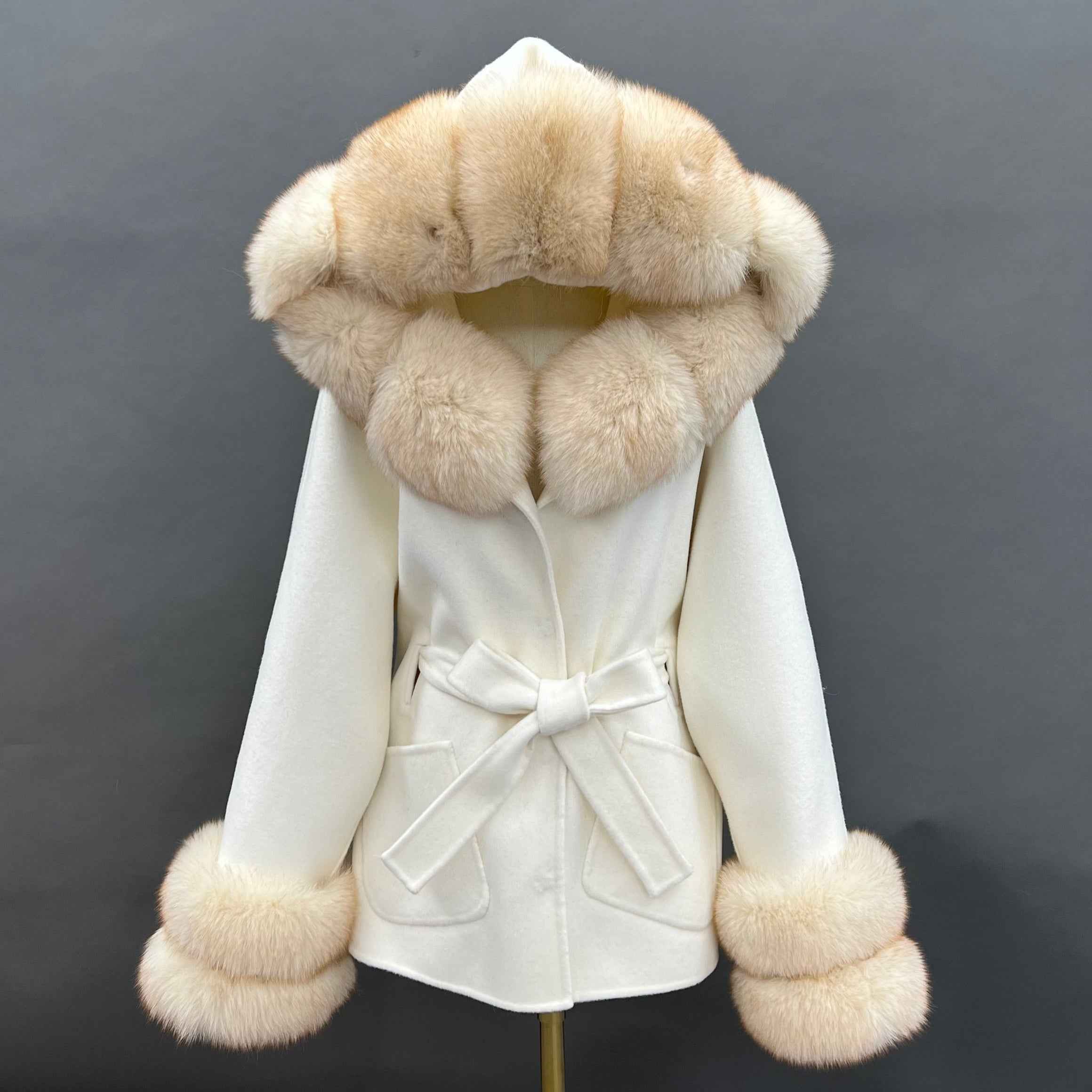 Autumn Winter Black Double - faced Wool Coat with Fox Fur Trim and Tie Waist