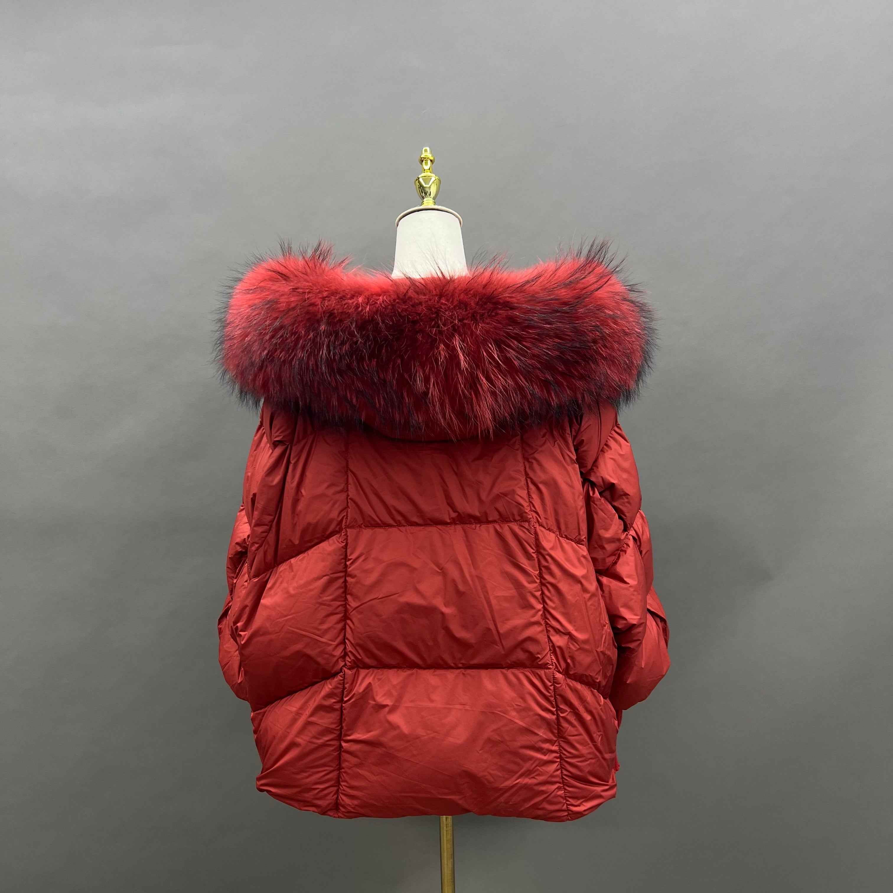 Women's Puffer Down Jacket with Raccoon Fur Trimmed Hood and Elastic - Extended Sleeves