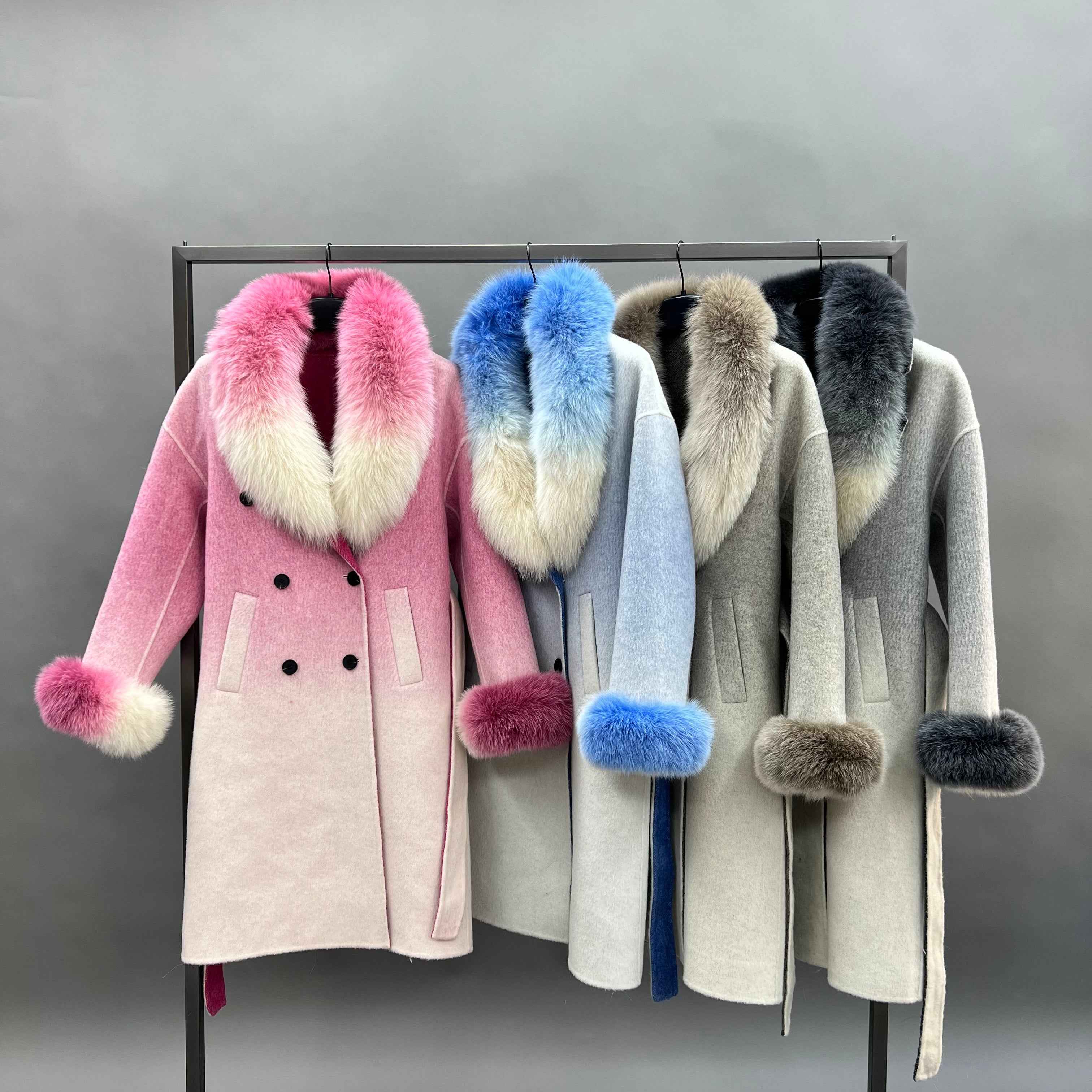 Cashmere Double Faced Coat with Fox Fur Collar & Cuffs and Tie Belt