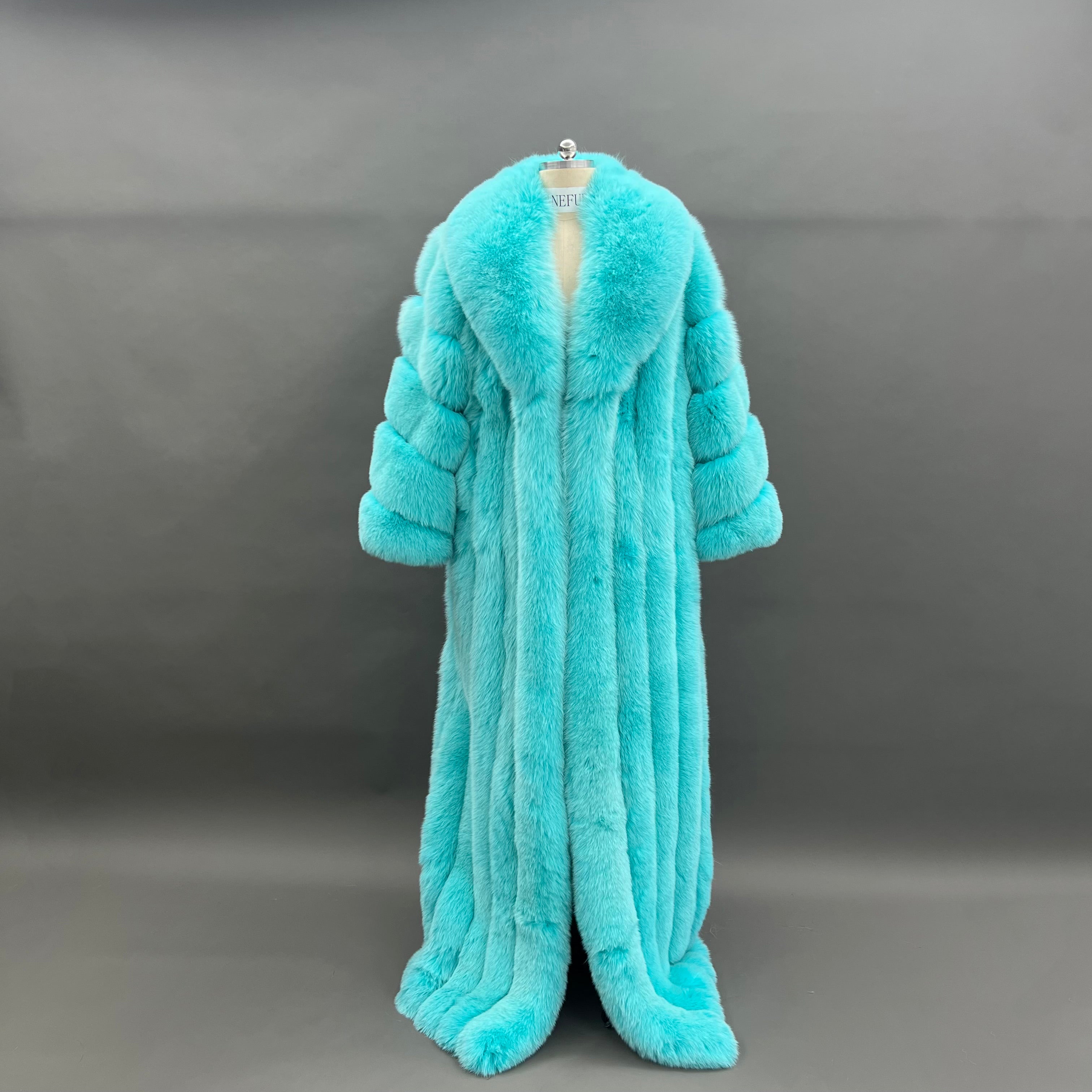 Women’s Extra Long Real Fox Fur Coat – Full-Length Luxury Fur Jacket with Wide Sleeves for Elegant Winter Fashion 3#Blue