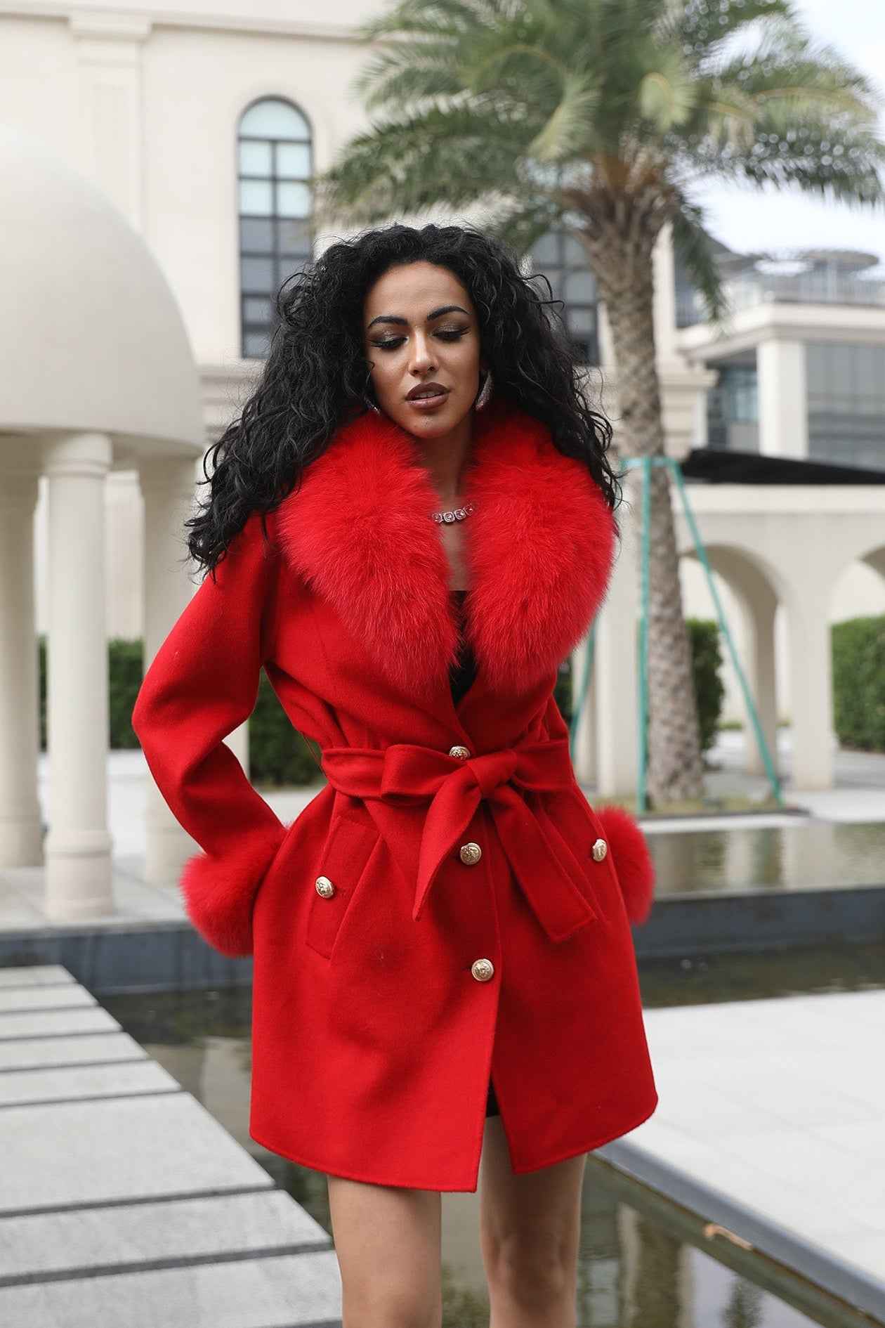 Women's Red Wool Belted Coat with Fox Fur Collar and Cuffs Trim, Elegant Long Winter Jacket for Casual Outfits