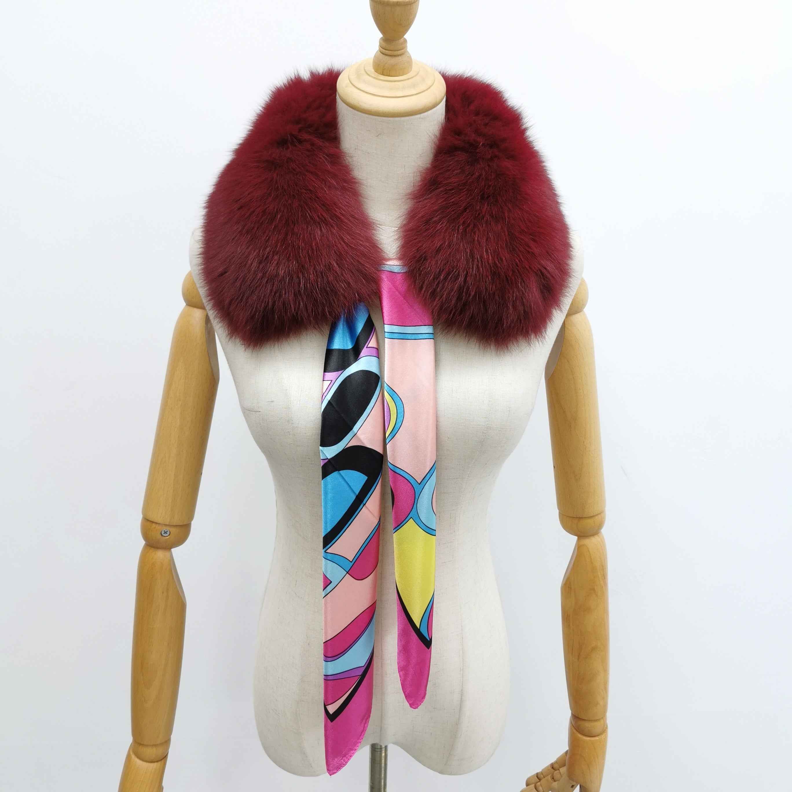 Women's Luxurious Fox Fur Small Square Collar with Printed Silk Scarf - Fashion Accessory 5#Wine F