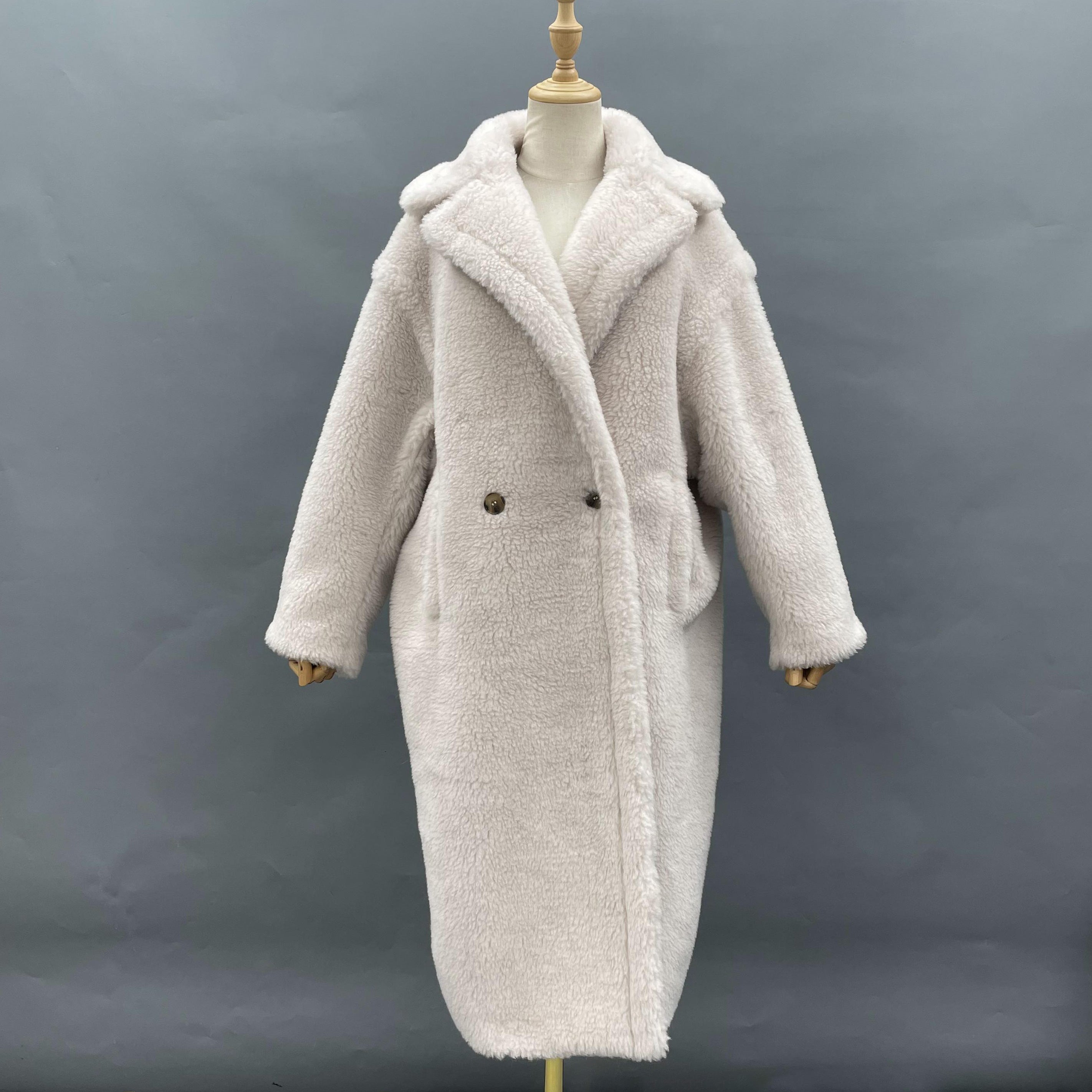 Women's Teddy Fleece Long Coat with Double-Breasted Notched Lapel - Luxe Winter Outerwear