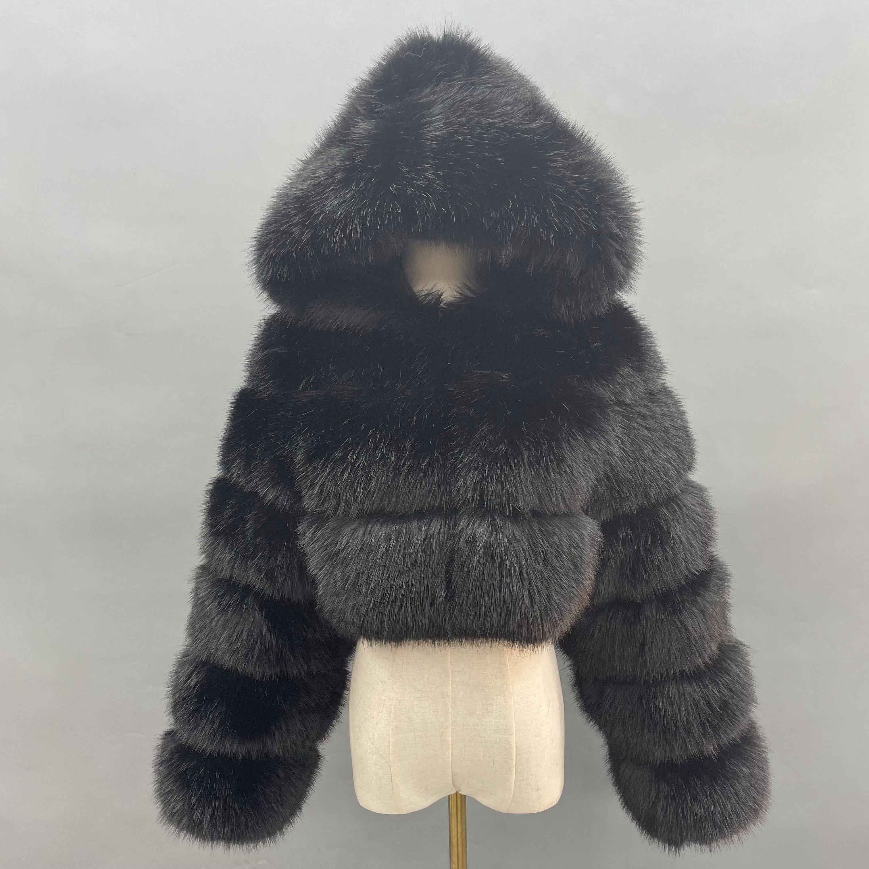 Three - Panel Faux Fur Cropped Hooded Coat