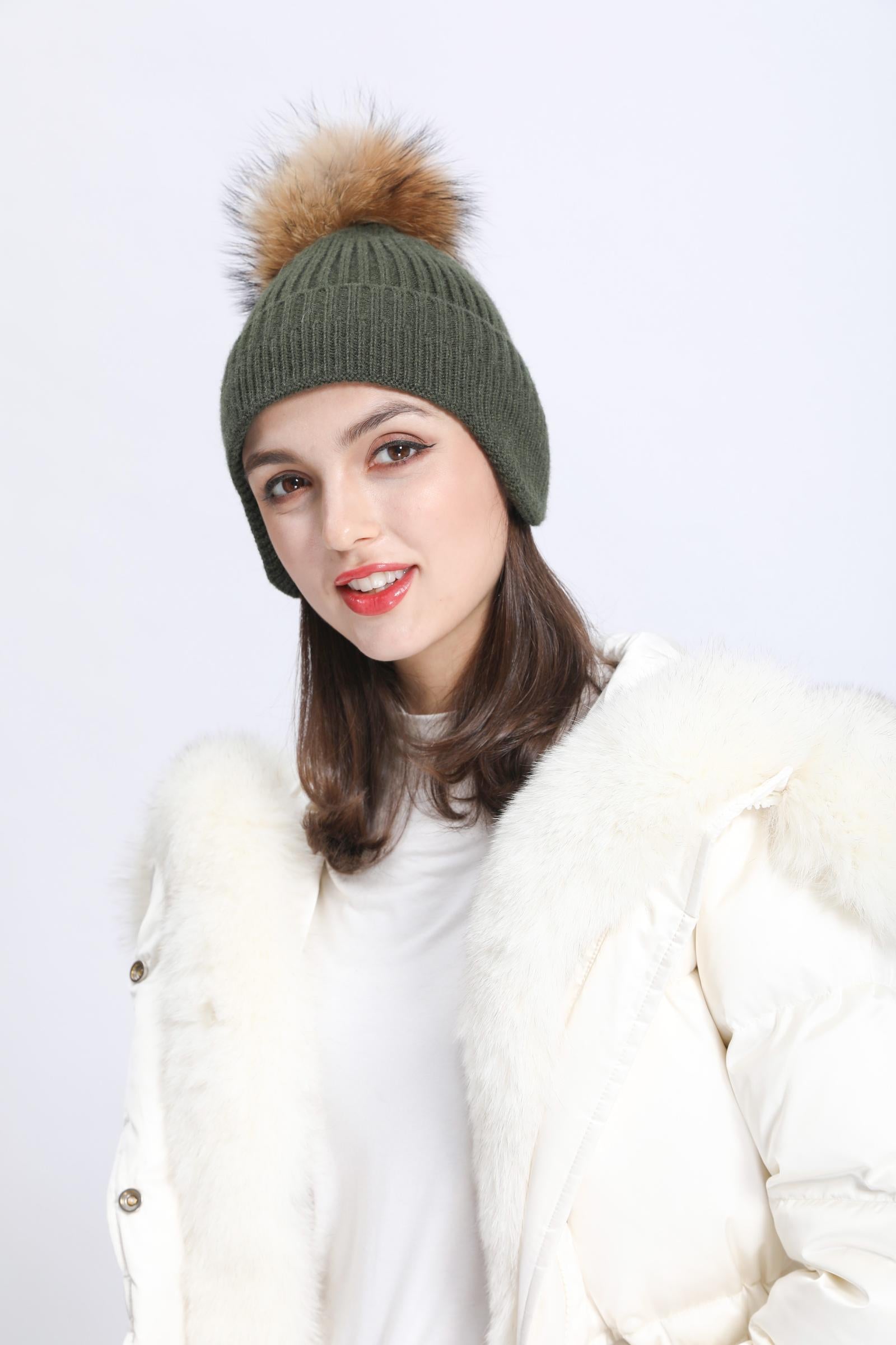 Warm Knitted Earmuff Hat Winter Women Fur Pom Pom Beanie Hat - Janefur