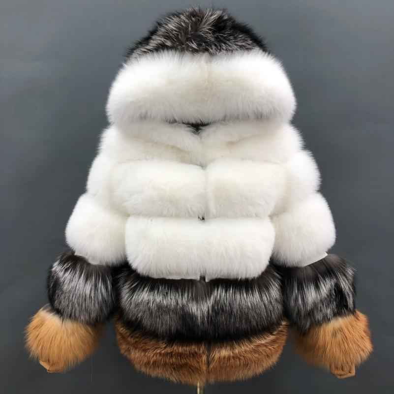 Women's Short Winter Trend Real Fox Fur Coat Solid Color Hooded - Janefur