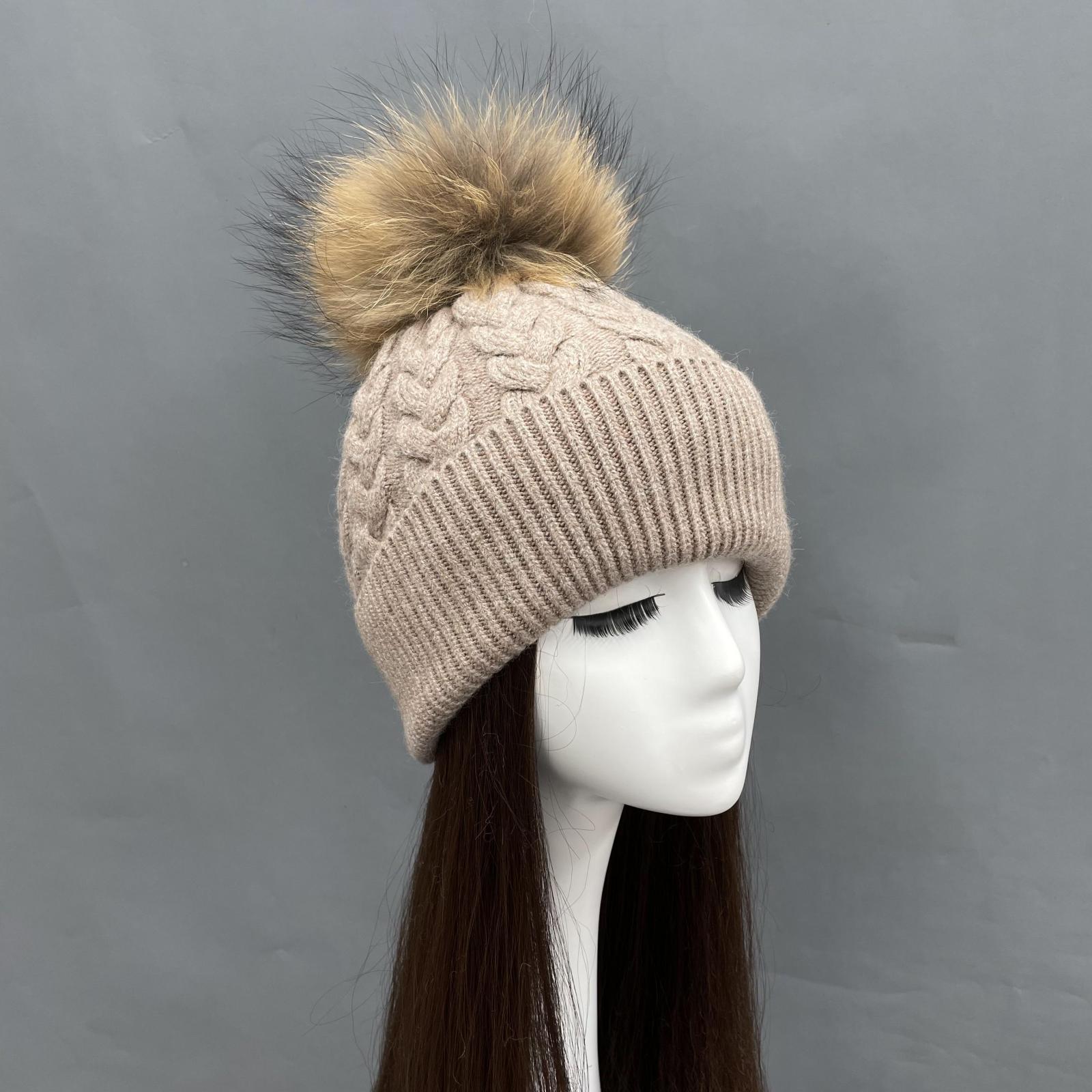 Ladies Beanie Hat Angora Knitted Raccoon Fur Pom Pom Warm Hat - Janefur