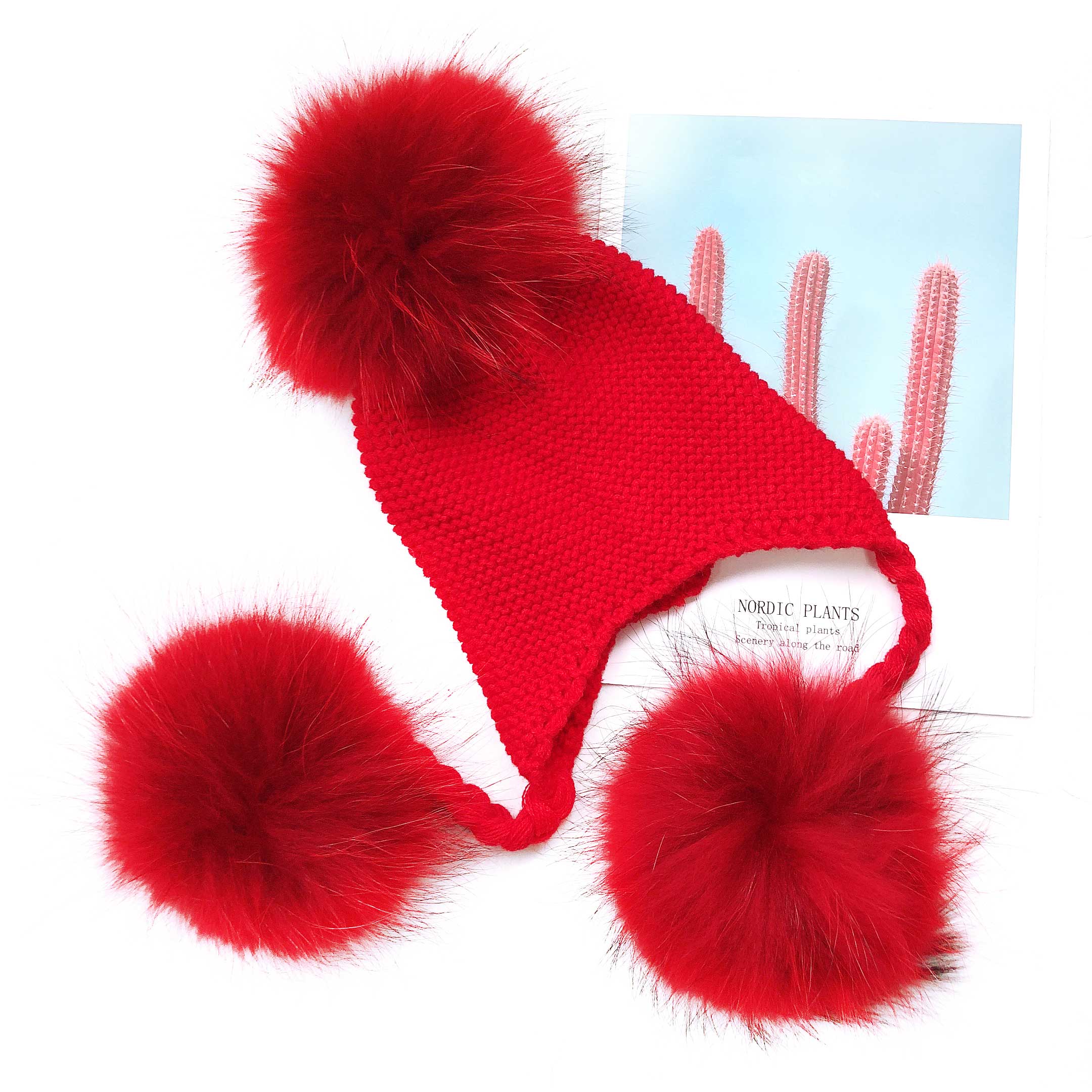 Children's Fashion Knitted Big Braid Raccoon Fur Pom Pom Hat - Janefur