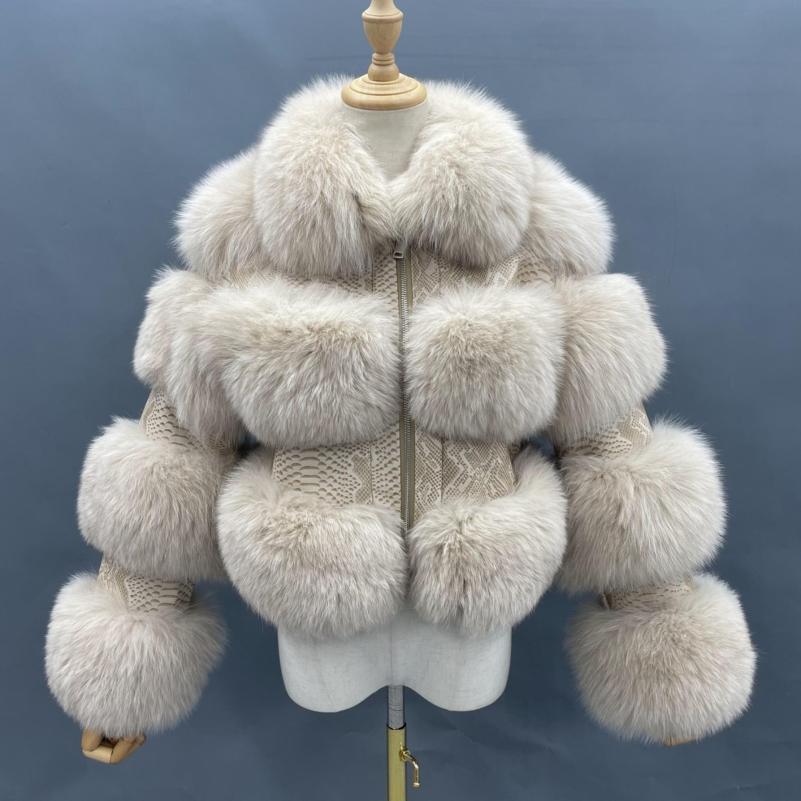 Winter Short Women's Snake Pattern Luxury Leather Fox Fur Coat - Janefur