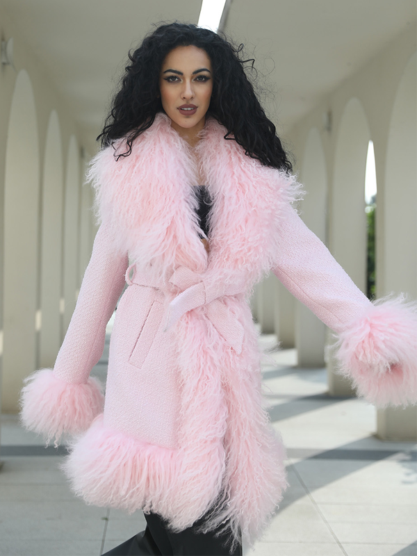 Janefur Wholesale Long Mongolian Lamb Fur Womens Fashion Lace Up Fur Coat - Janefur