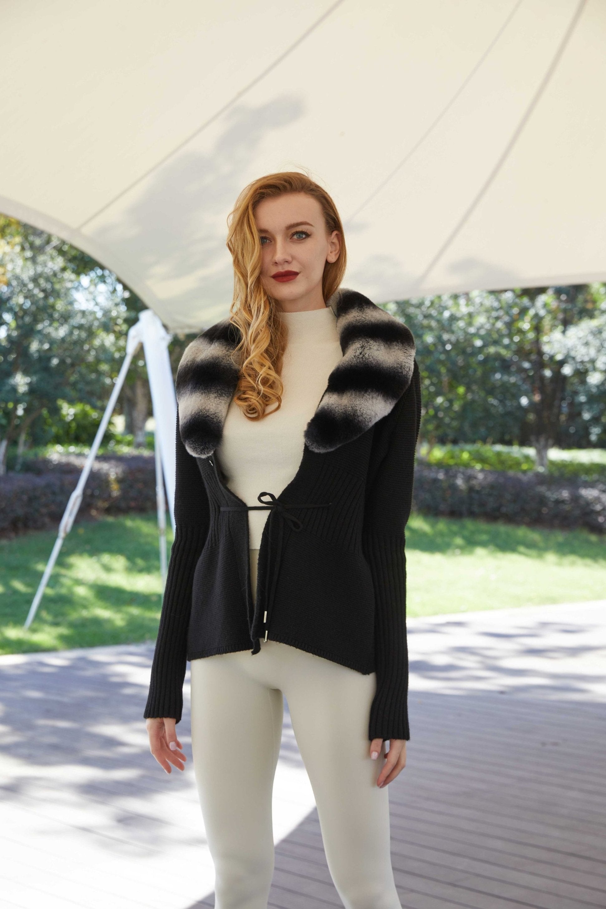 Knitted Rabbit Fur Collar Women's Sweater Coat - Janefur