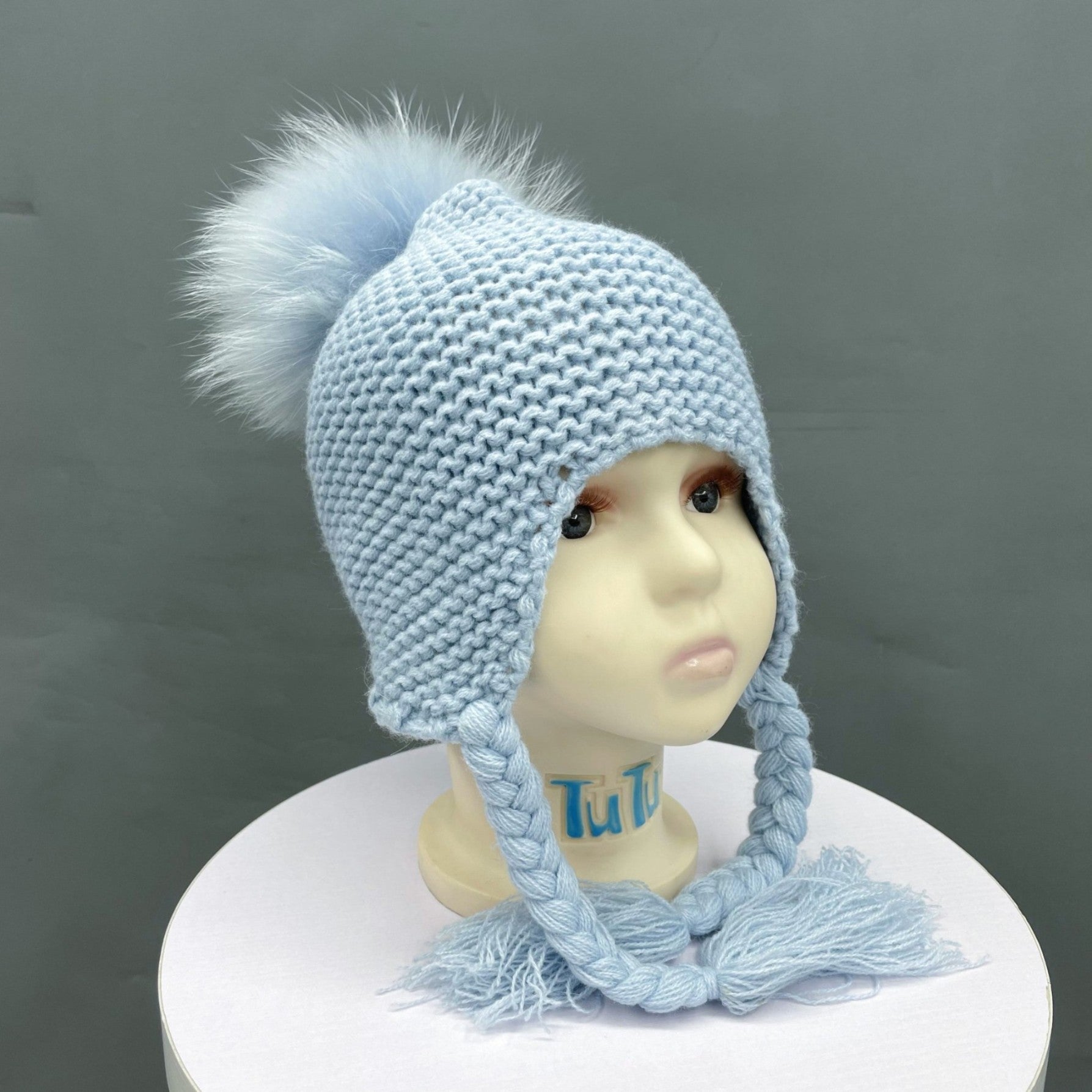 Children's Fashion Knitted Big Braid Raccoon Fur Pom Pom Hat - Janefur