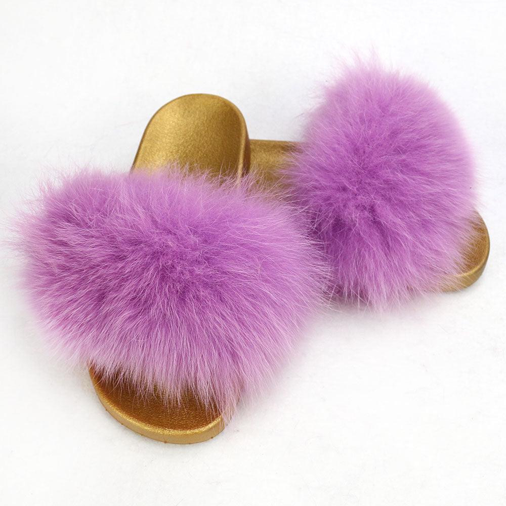 Janefur Wholesale Women's Fashion Slippers With Real Fox Fur Trim (Black, Gold, Silver Soles)